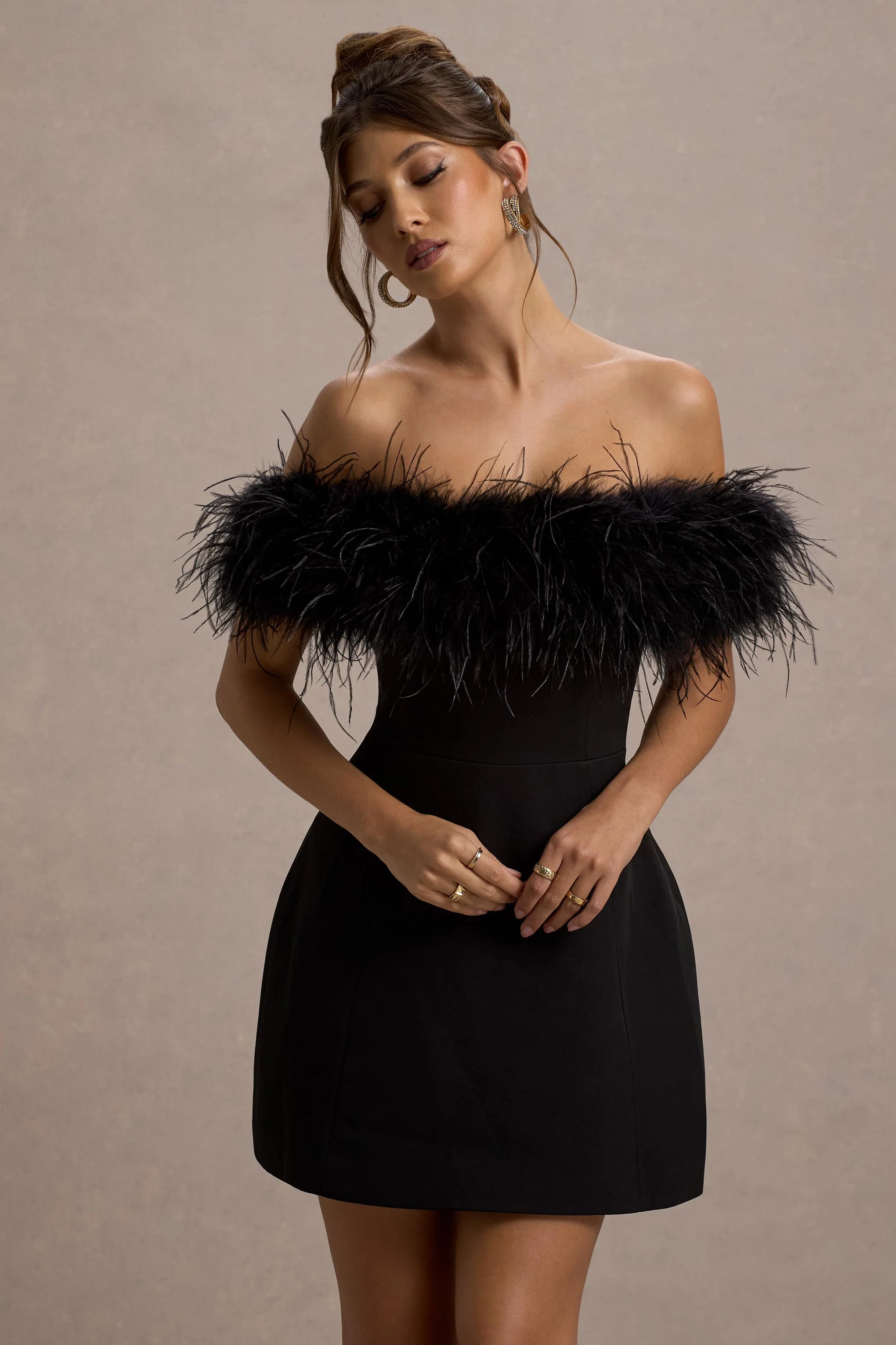 Palace | Black Bardot Mini Dress With Feather Trim - Image 3