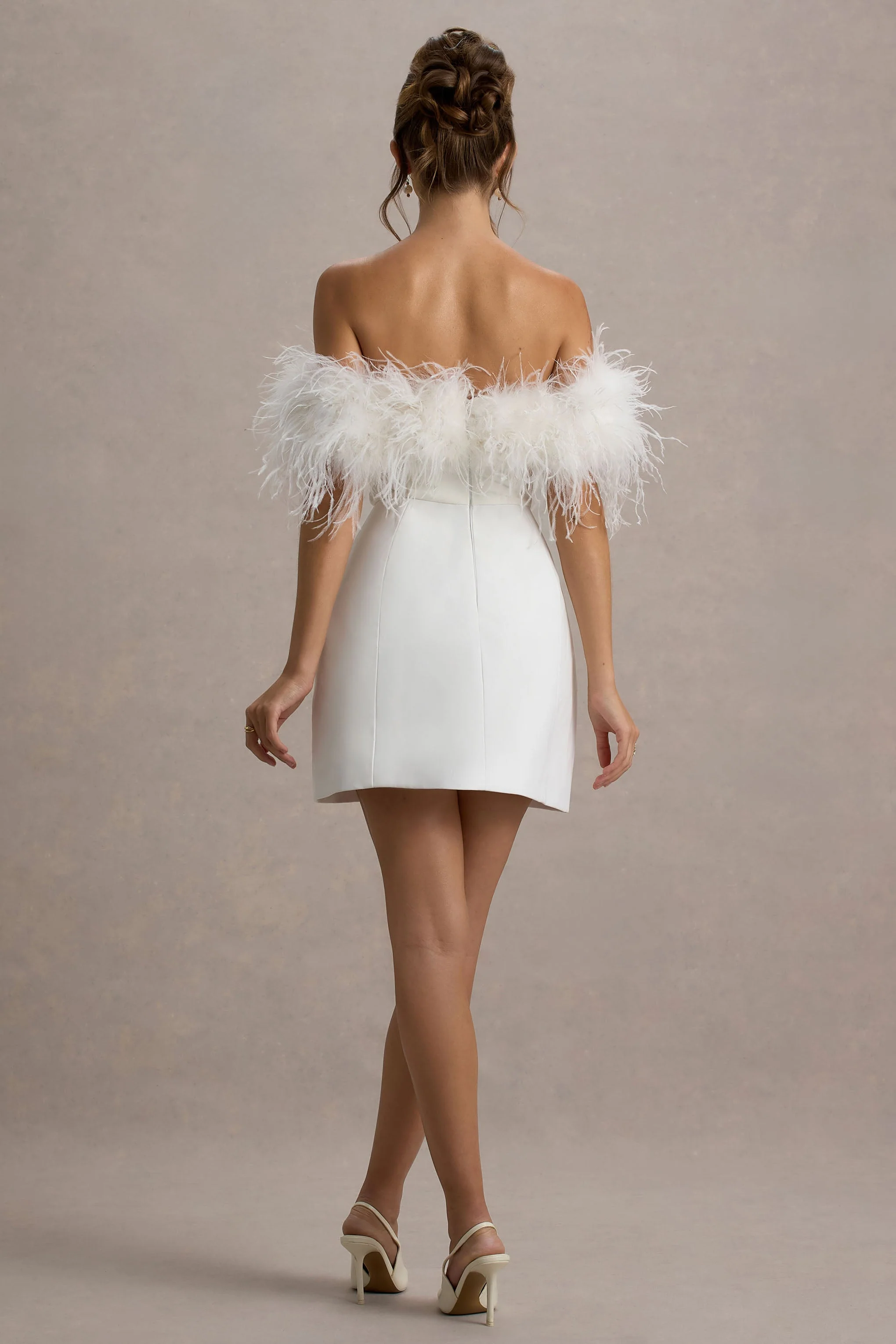 Palace | White Bardot Mini Dress With Feather Trim - Image 3