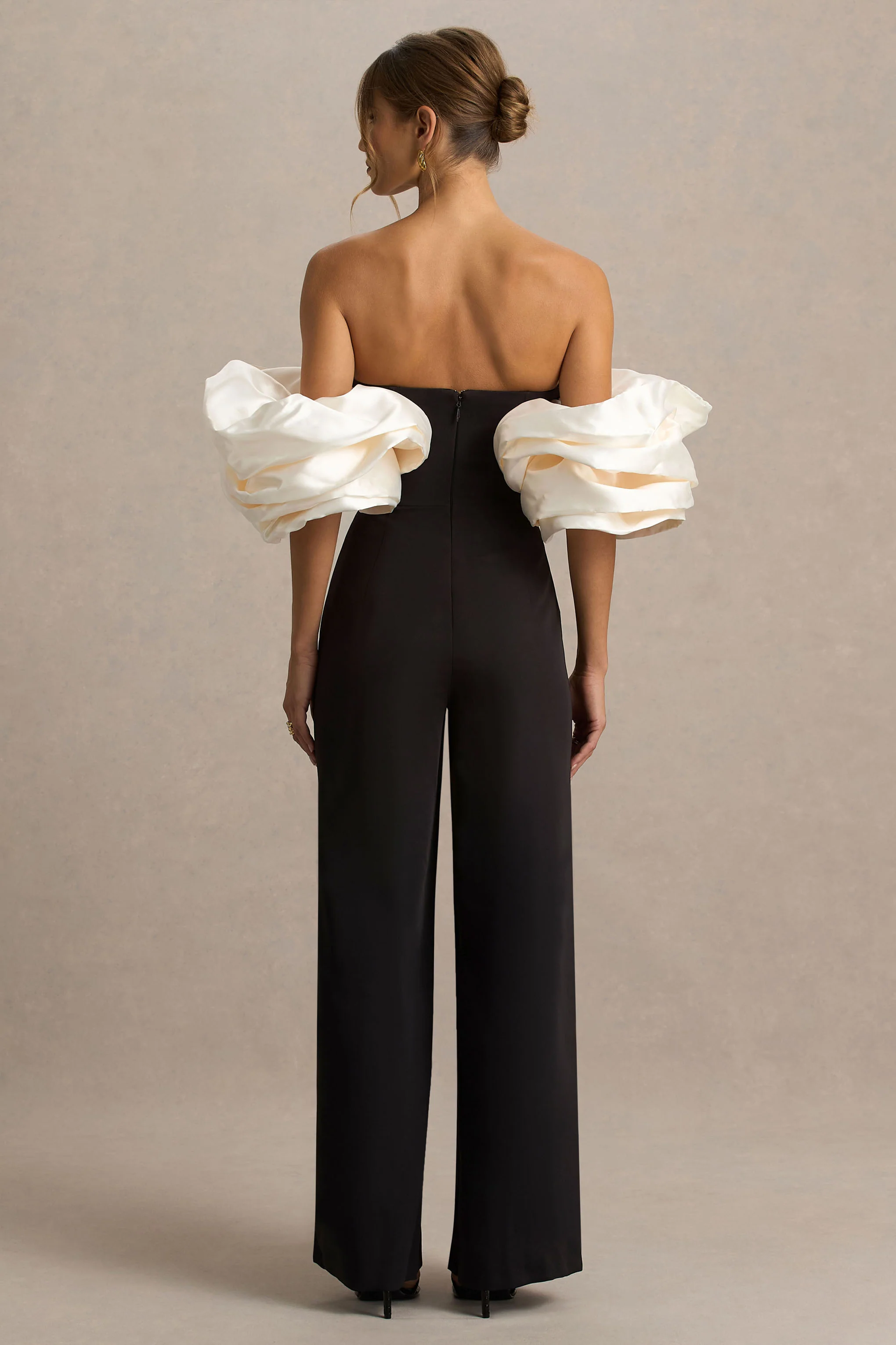 Panama | Black Bardot Jumpsuit With Cream Puff Sleeves - Image 2