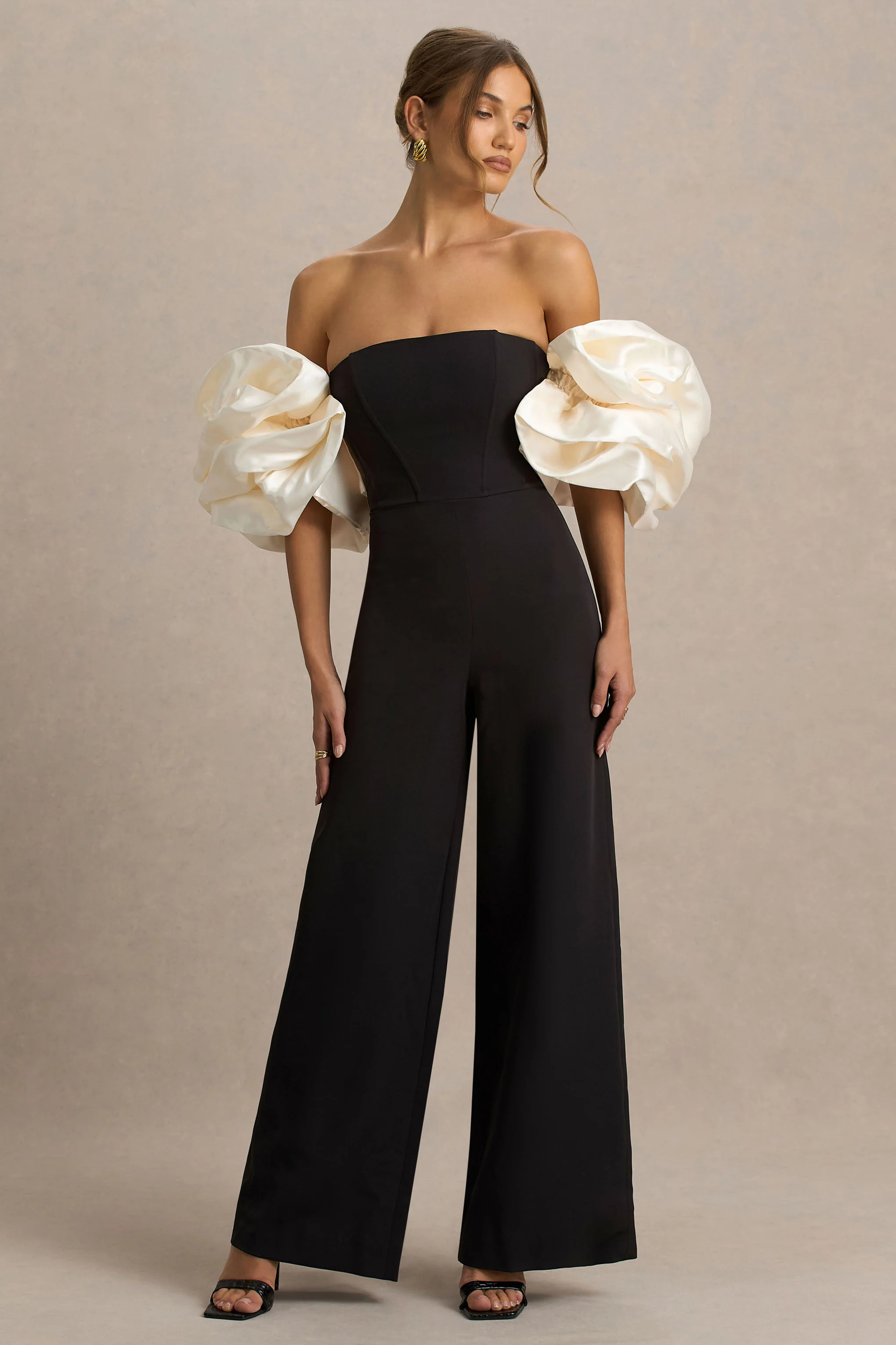 Panama | Black Bardot Jumpsuit With Cream Puff Sleeves - Image 5