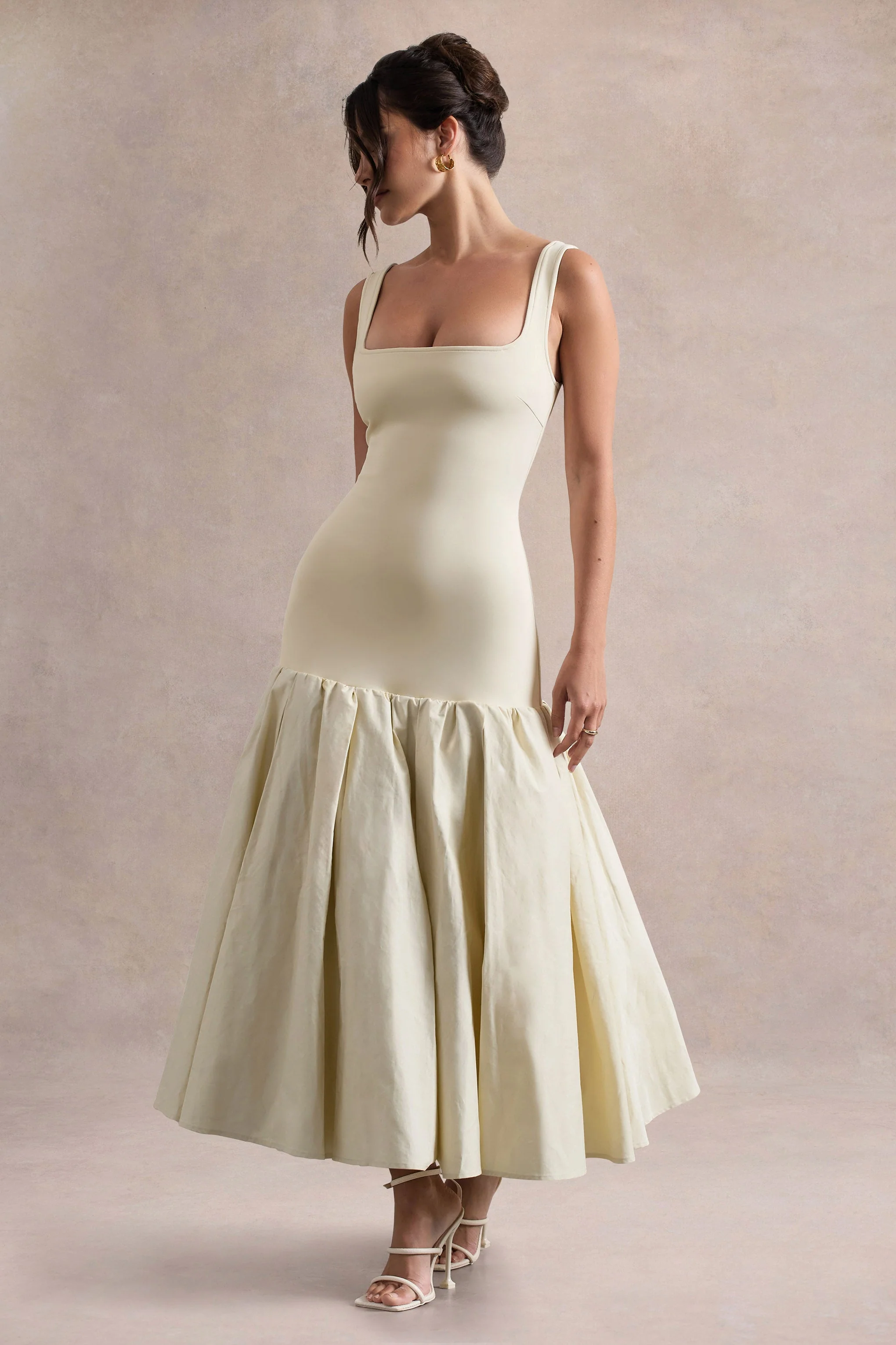 Parida | Cream Poplin Drop-Waist Midi Dress With Peplum Hem - Image 6