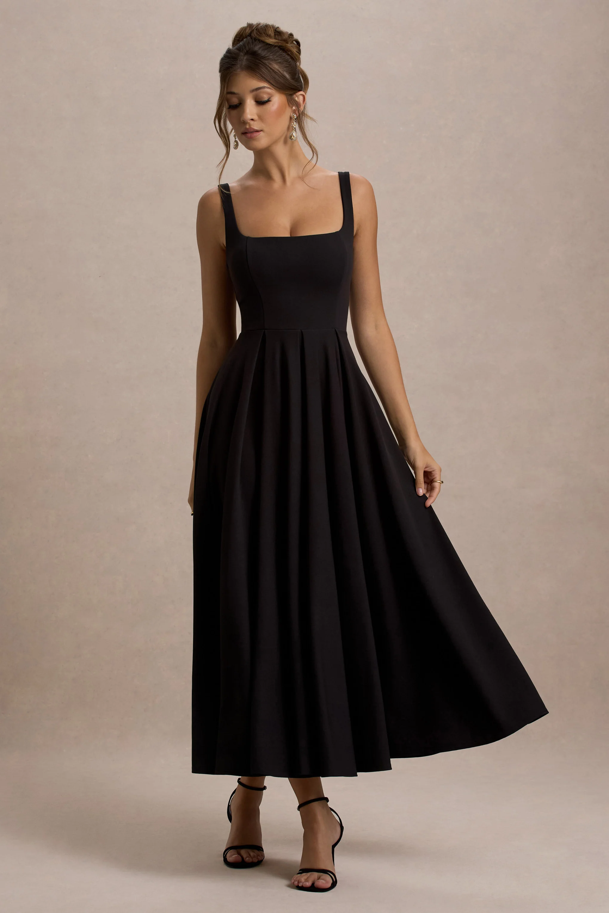 Parina | Black Strappy Volume-Hem Midi Dress - Image 4