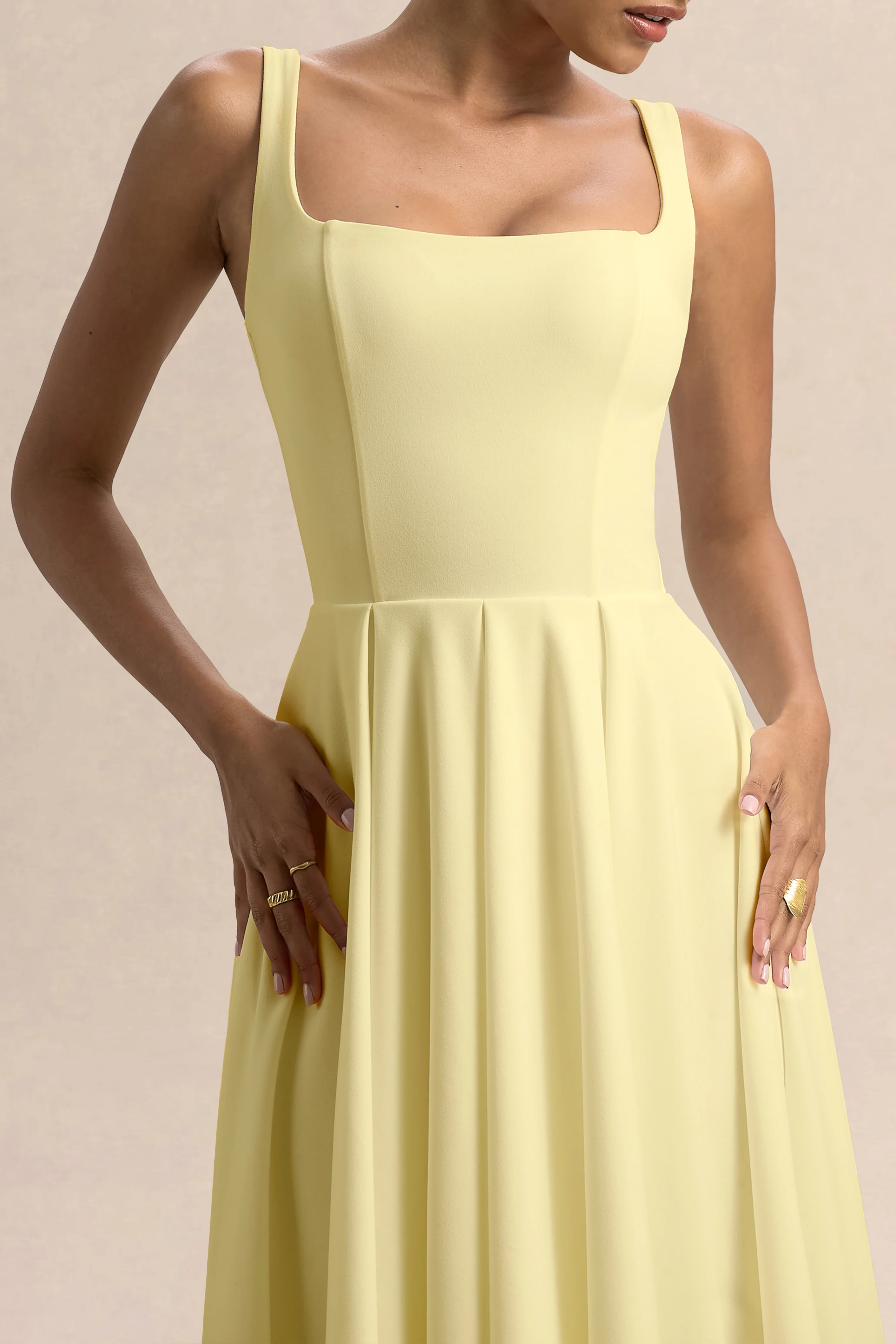 Parina | Lemon Strappy Volume-Hem Midi Dress - Image 3