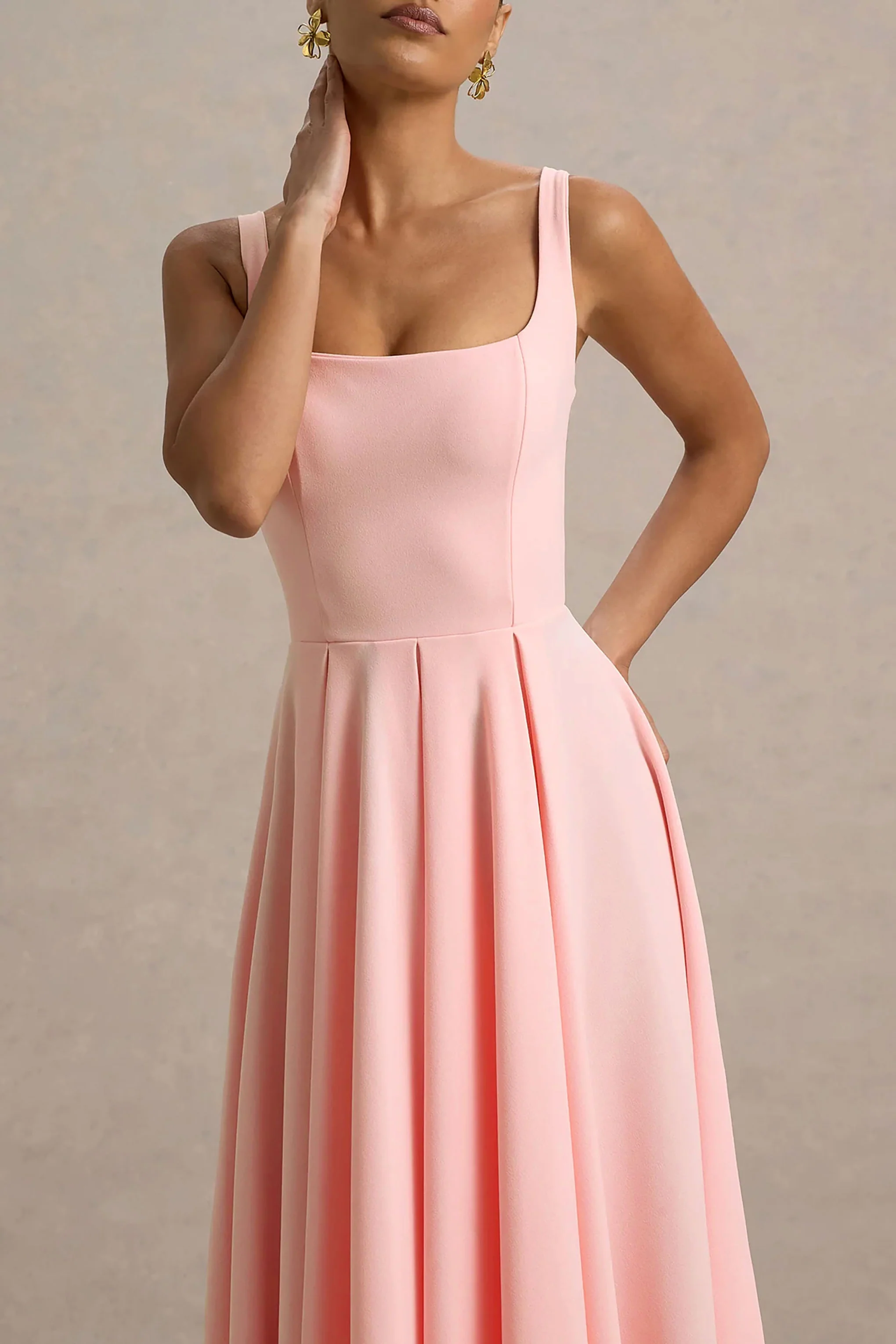 Parina | Pink Strappy Volume-Hem Midi Dress - Image 3