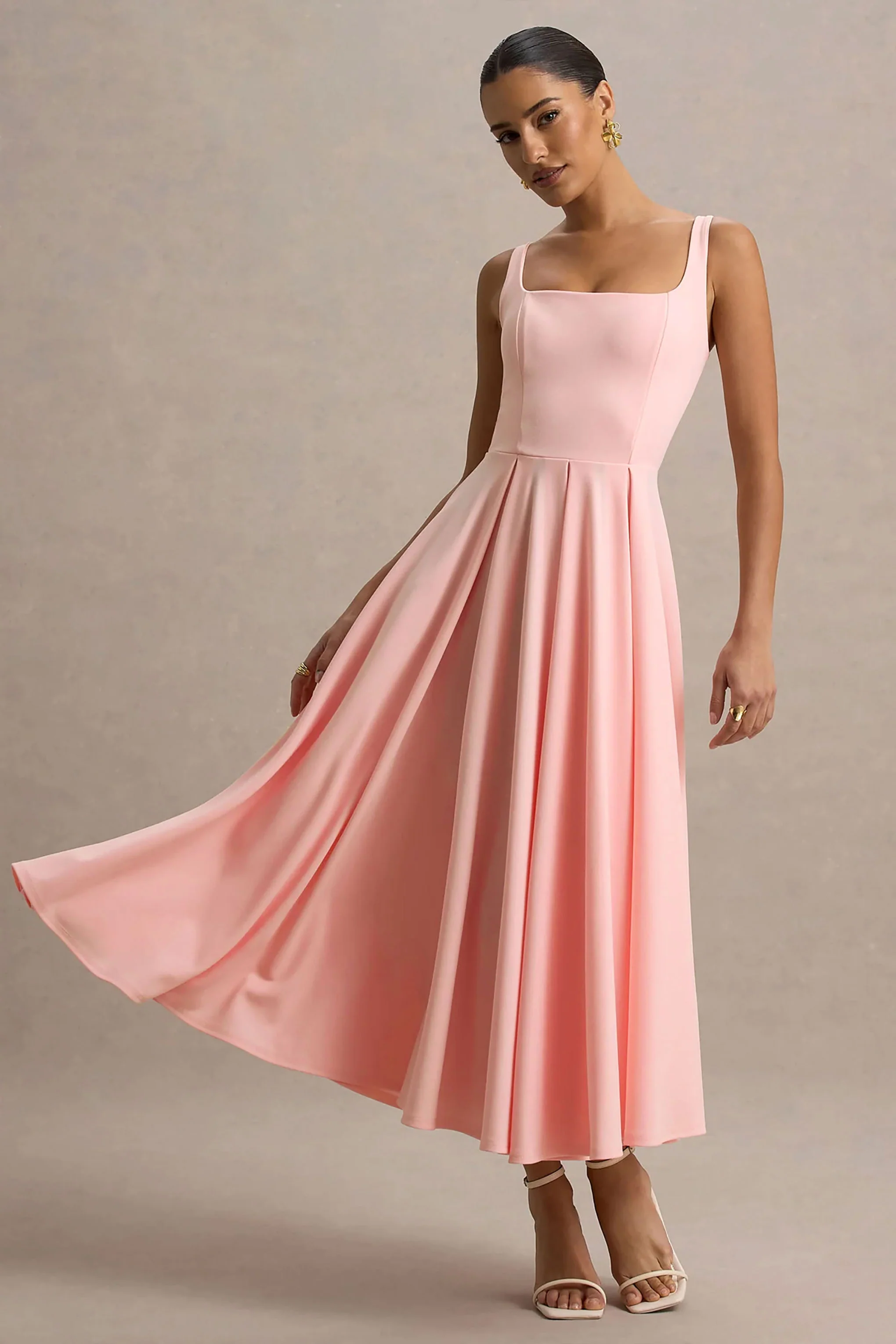 Parina | Pink Strappy Volume-Hem Midi Dress - Image 4