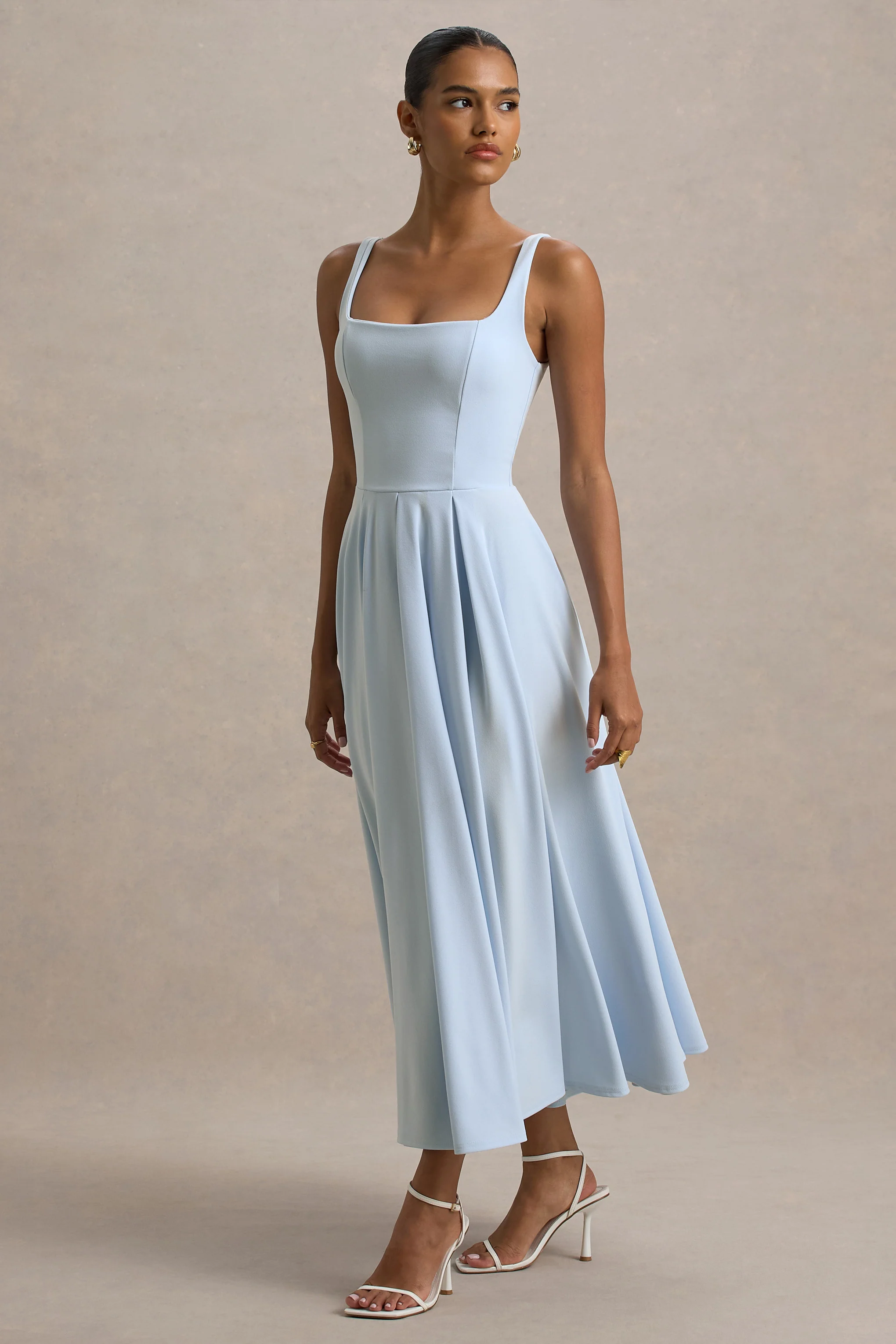 Parina | Powder Blue Strappy Volume-Hem Midi Dress - Image 4