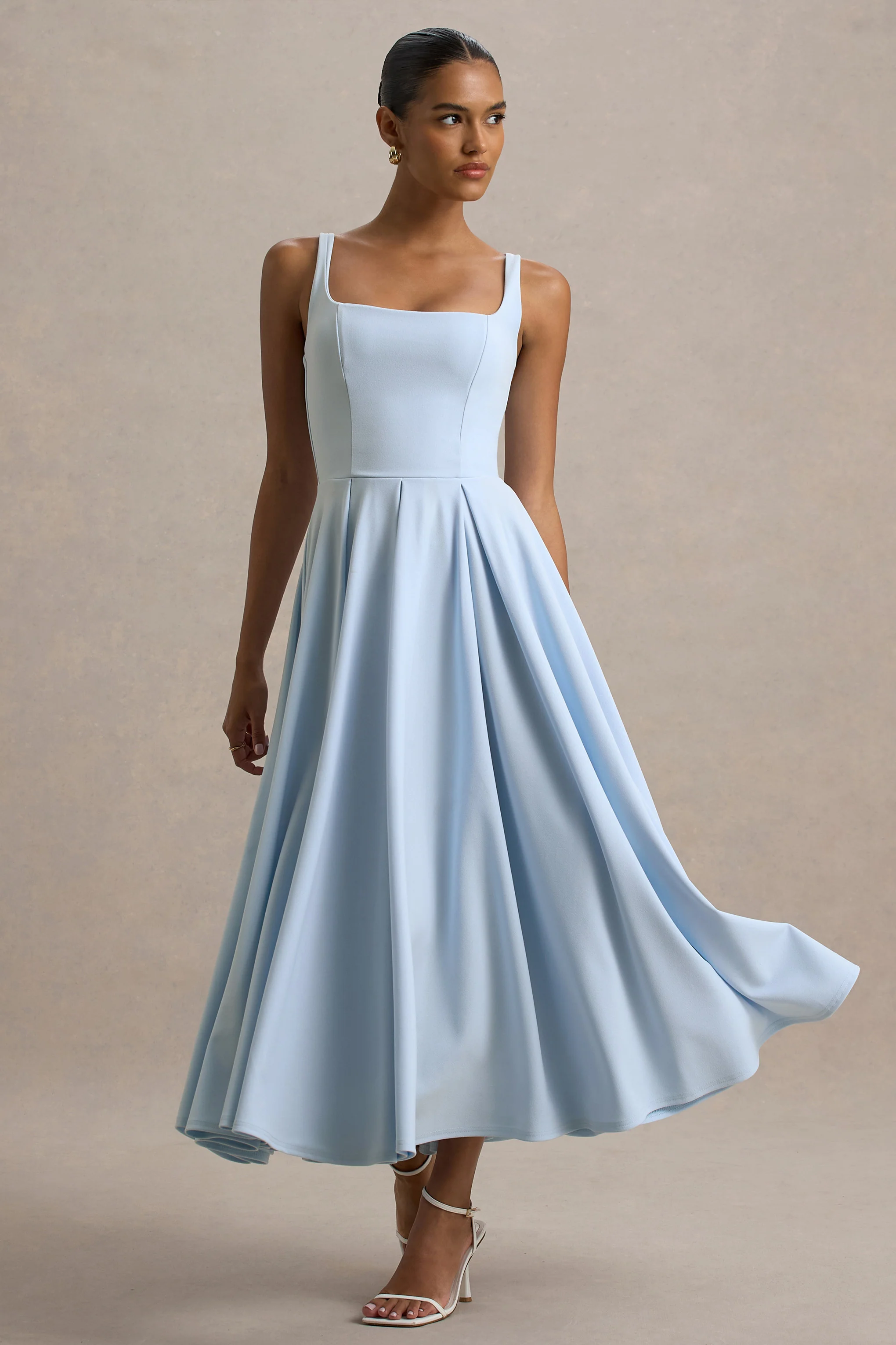 Parina | Powder Blue Strappy Volume-Hem Midi Dress - Image 5