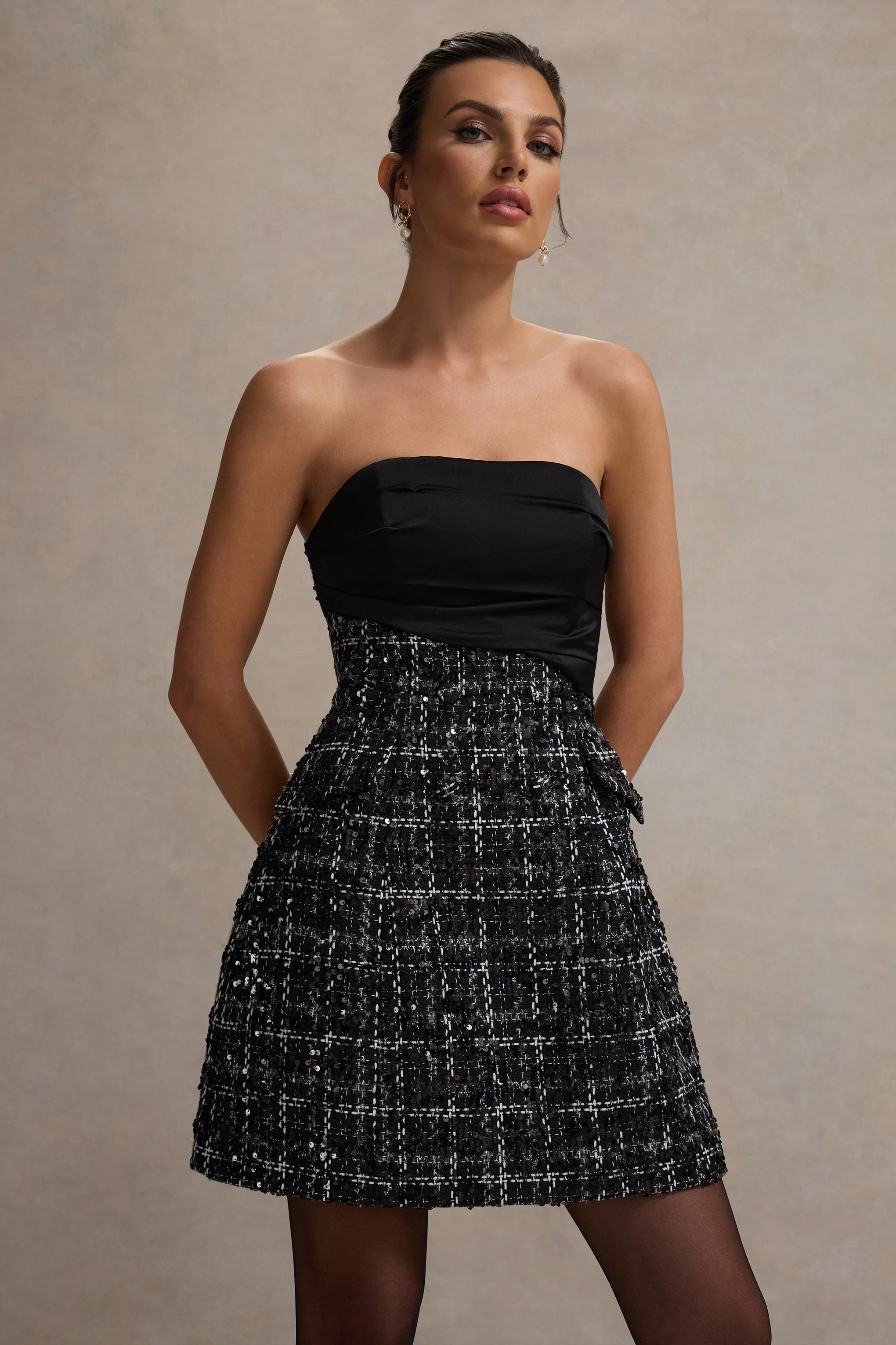 Park Avenue | Black Boucle Strapless Tailored Mini Dress - Image 3