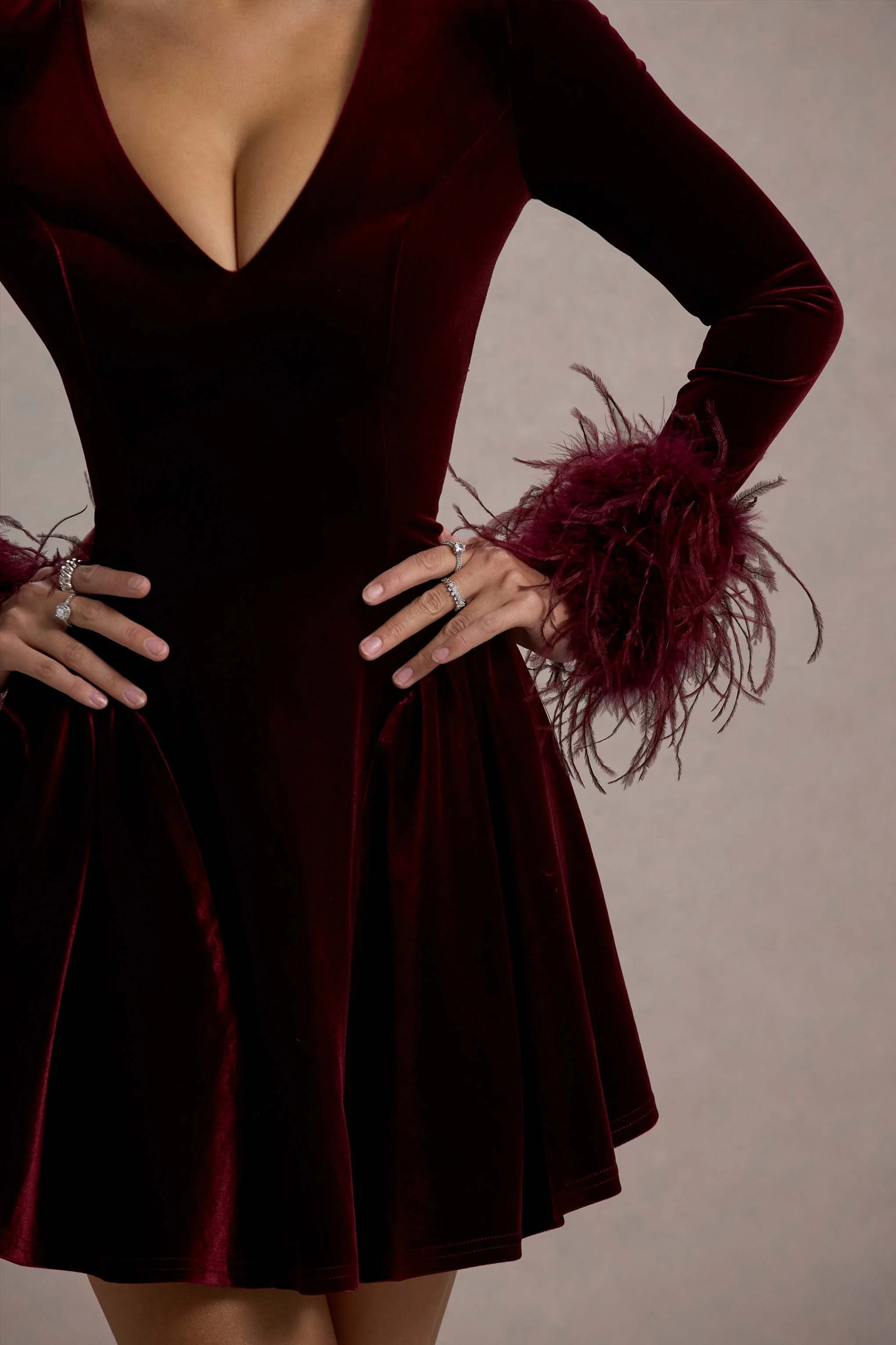 Pasilla | Port Velvet Plunge-Neck Feather Trim Mini Dress - Image 5
