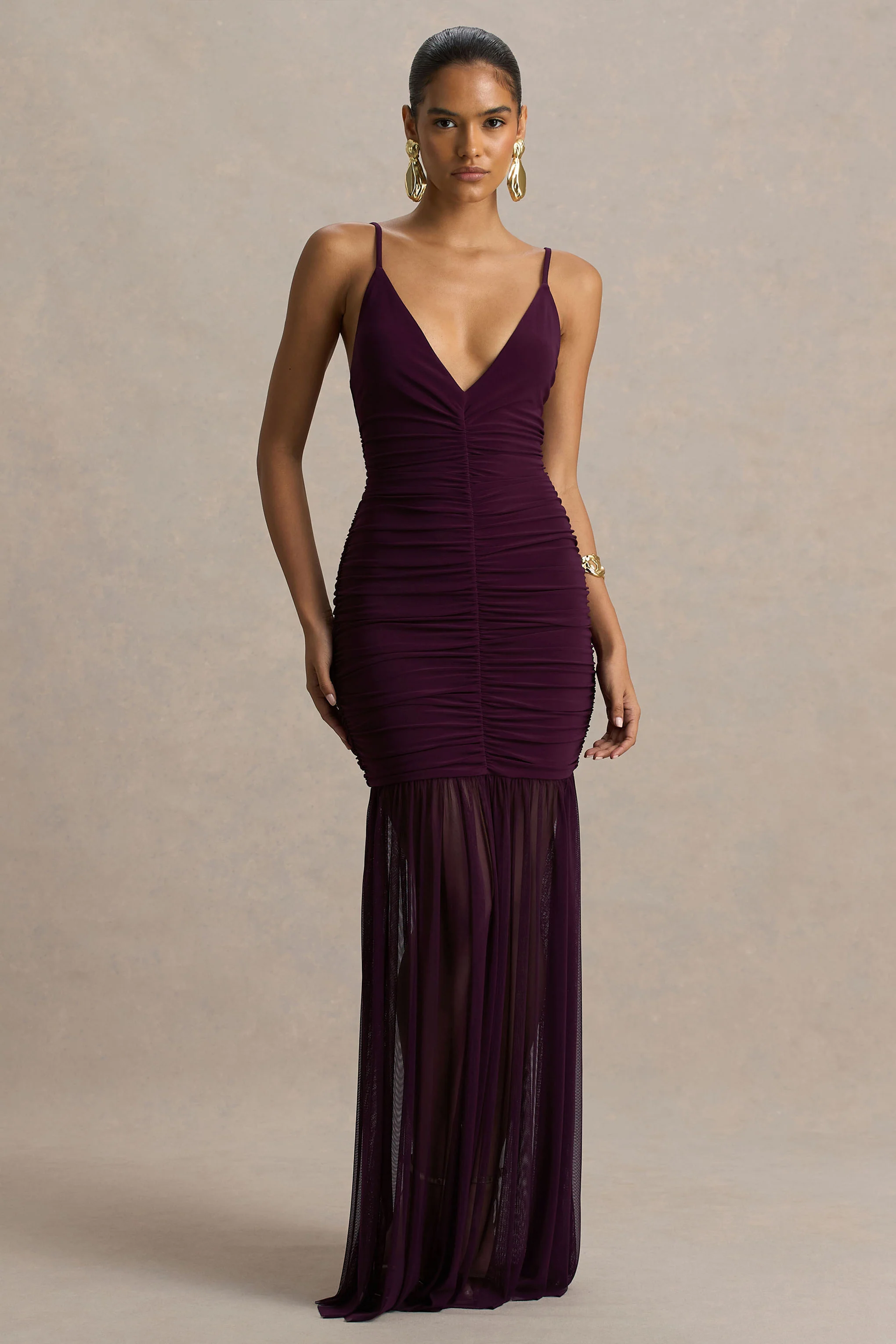 Pasqualina | Plum Ruched Plunge-Neck Maxi Dress - Image 3