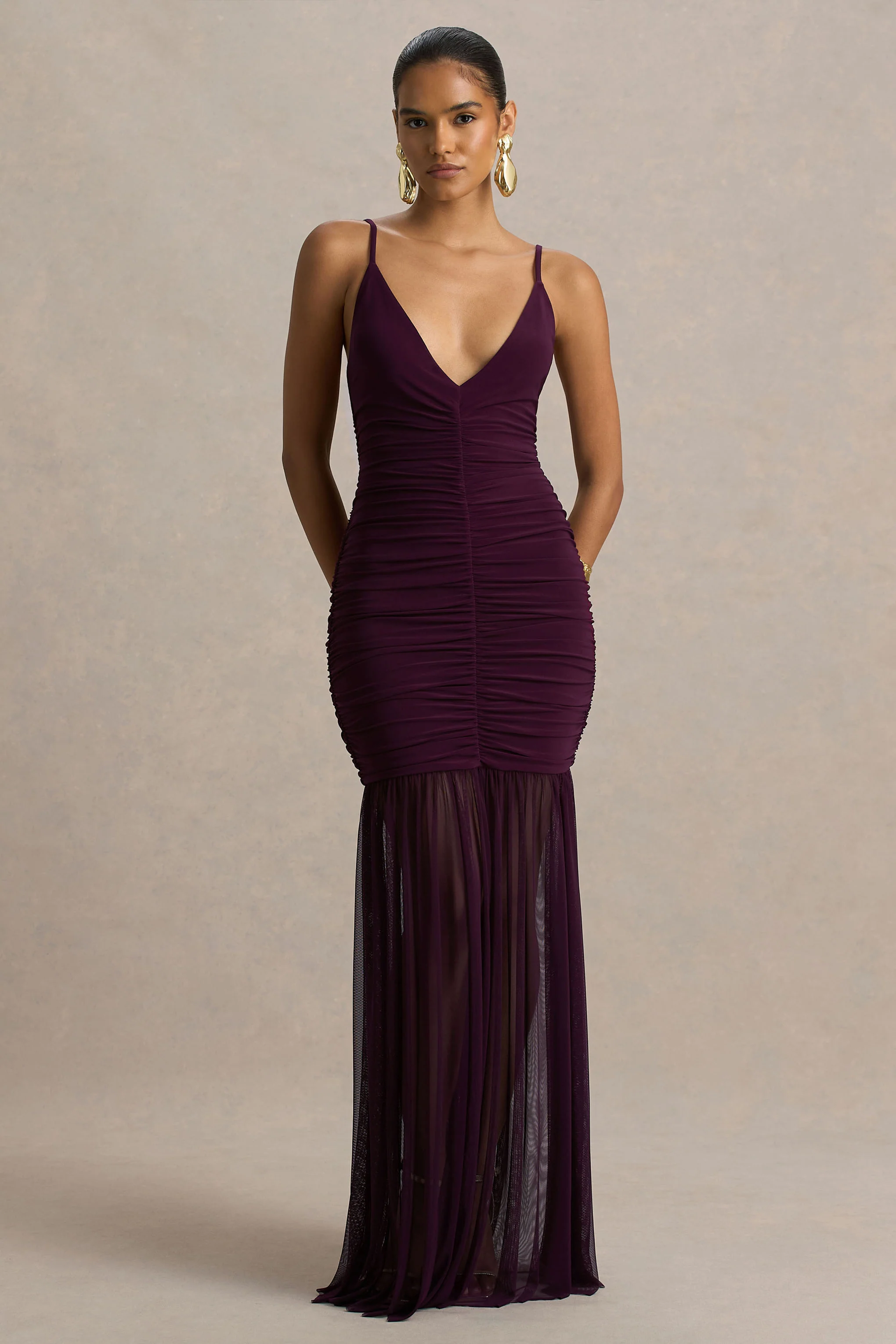 Pasqualina | Plum Ruched Plunge-Neck Maxi Dress - Image 4