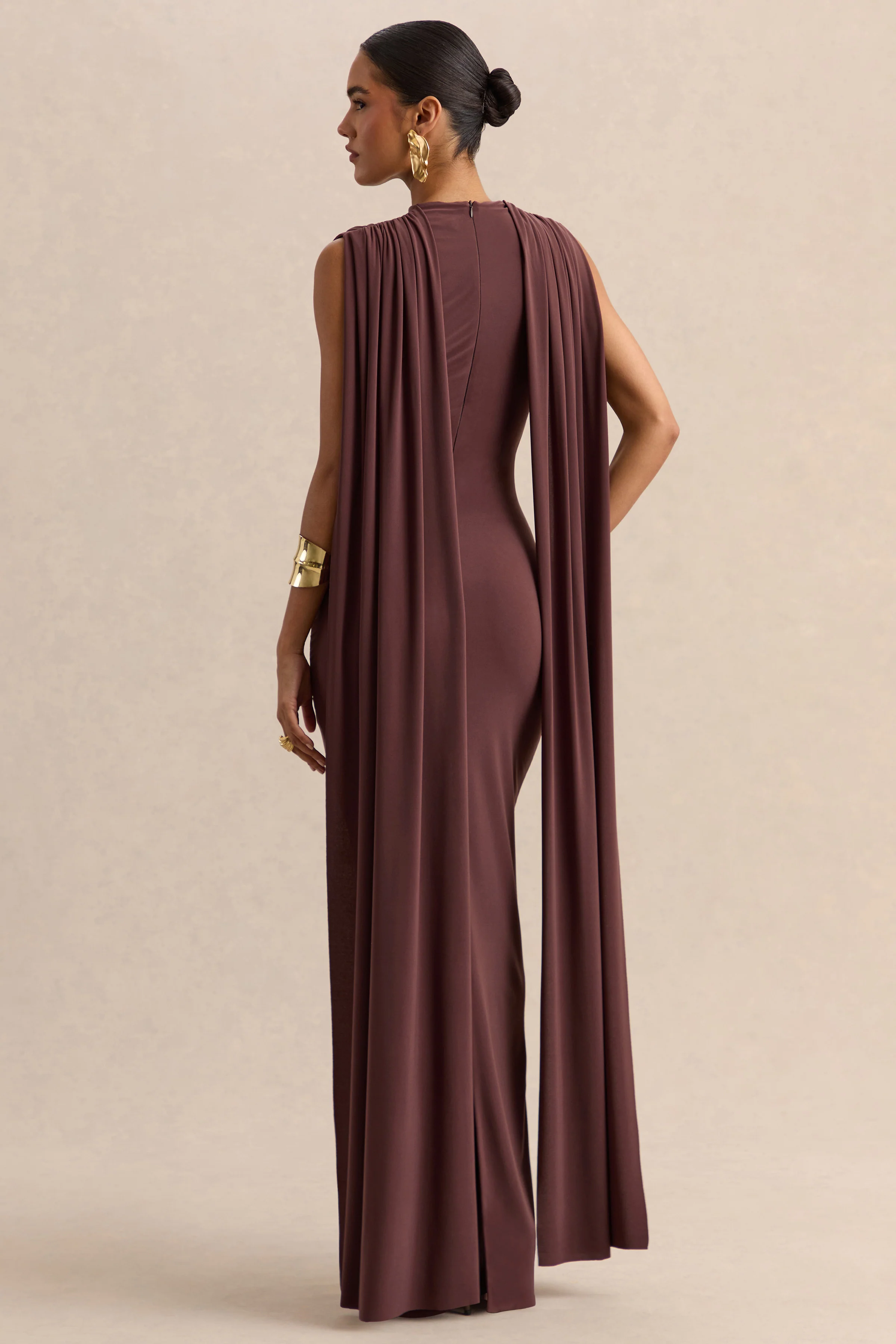 Patrina | Brown High-Neck Maxi Dress With Draped-Detailing And Cape-Sleeves - Image 2
