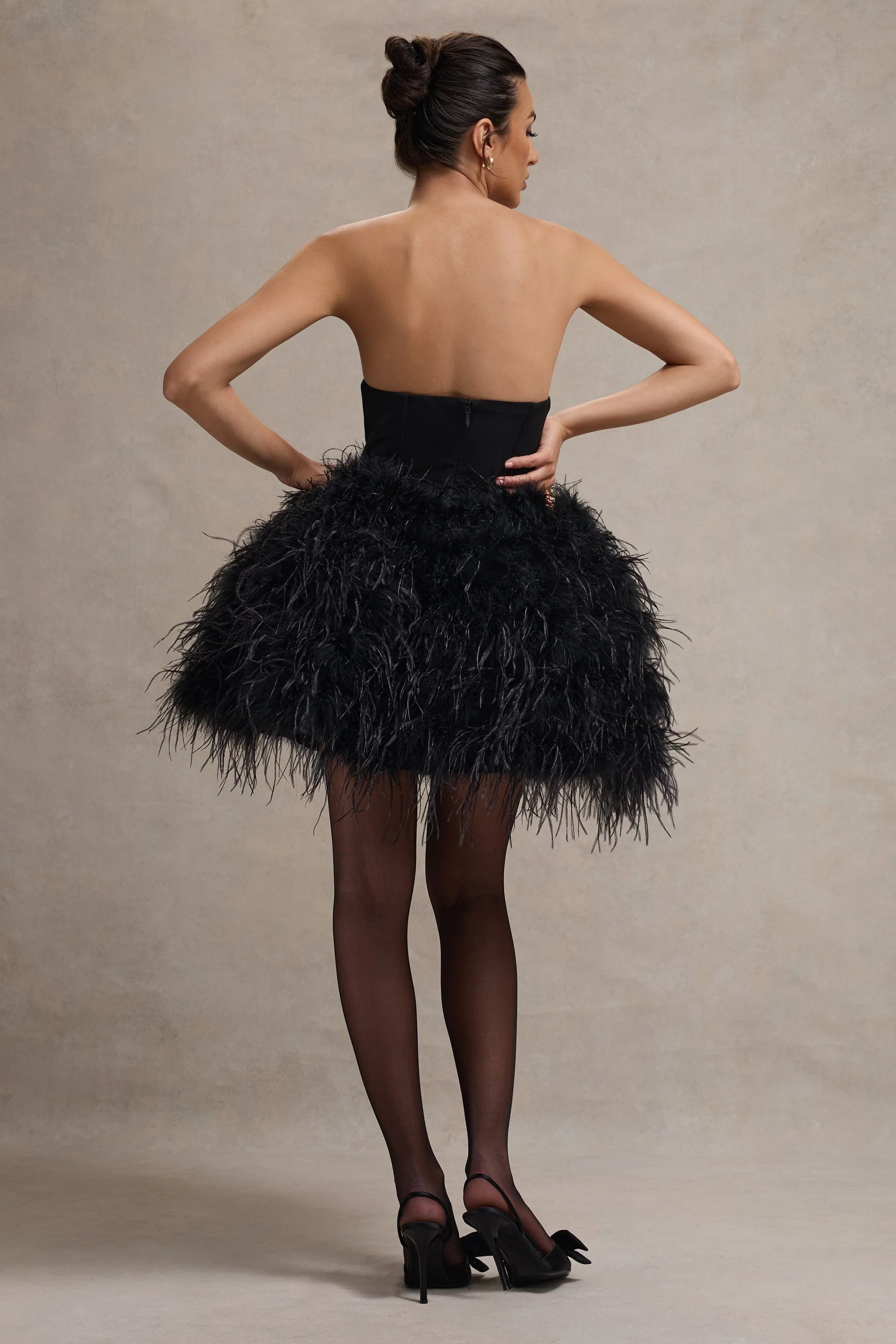 Peaches | Black Strapless Mini Dress With Volume Feather Hem - Image 2