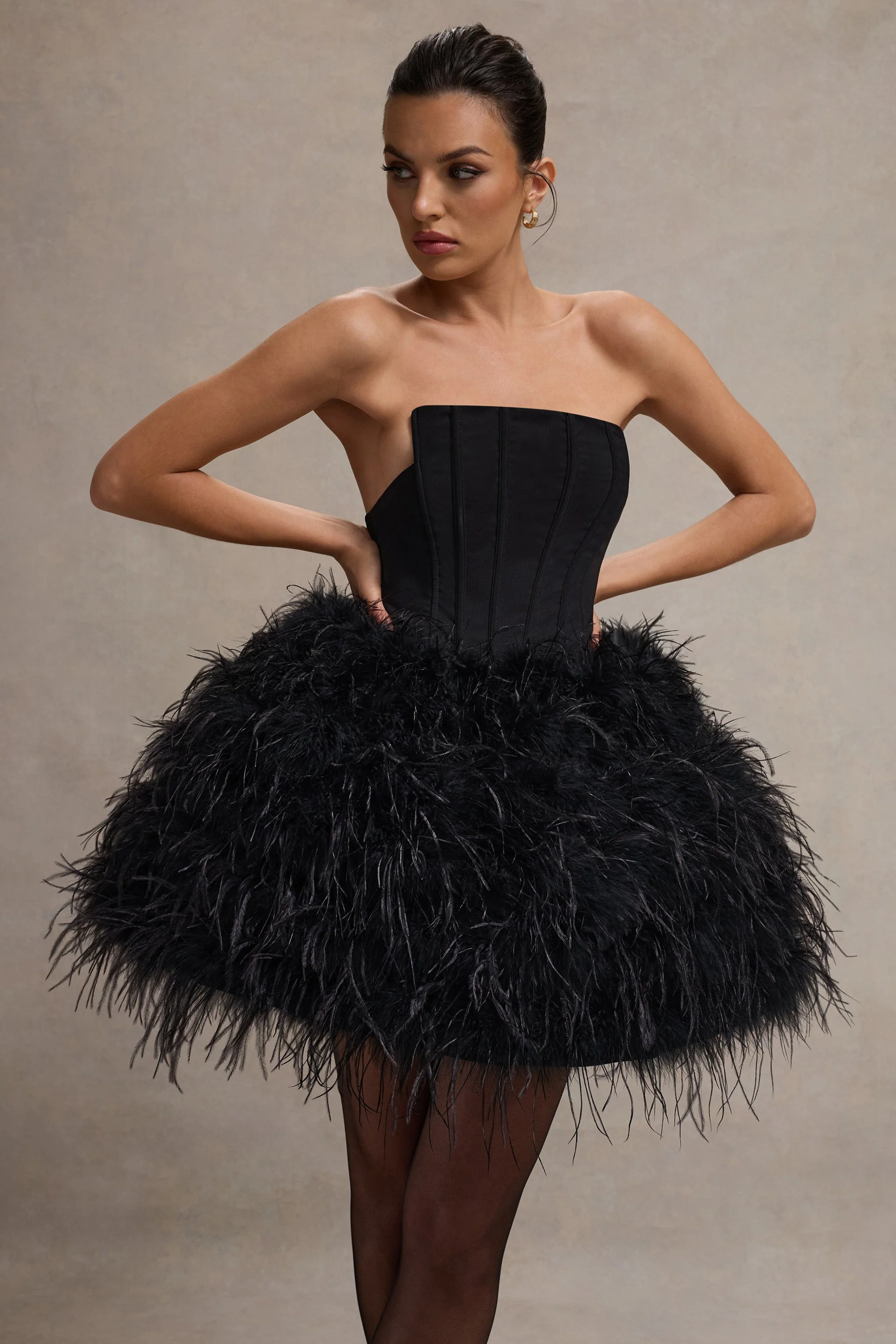 Peaches | Black Strapless Mini Dress With Volume Feather Hem - Image 3