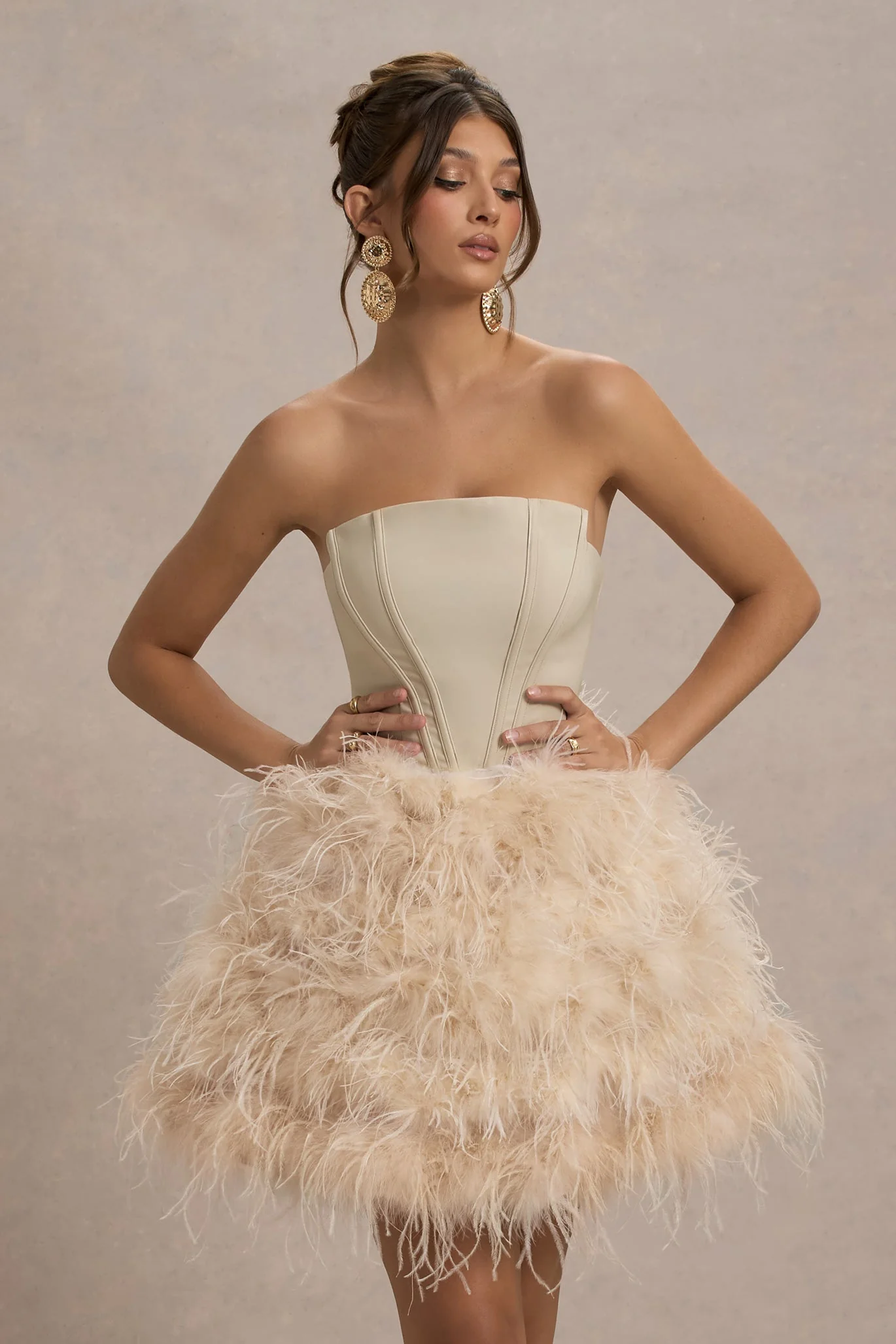 Peaches | Champagne Strapless Mini Dress With Volume Feather Hem - Image 4