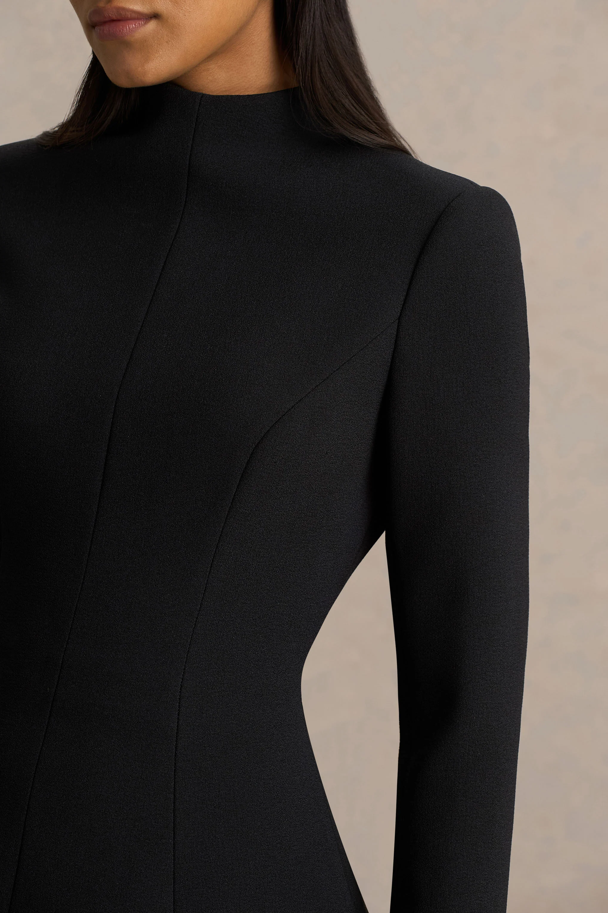 Pepita | Black High-Neck Tailored Maxi Dress With Drop-Waist And Satin Skirt - Image 3