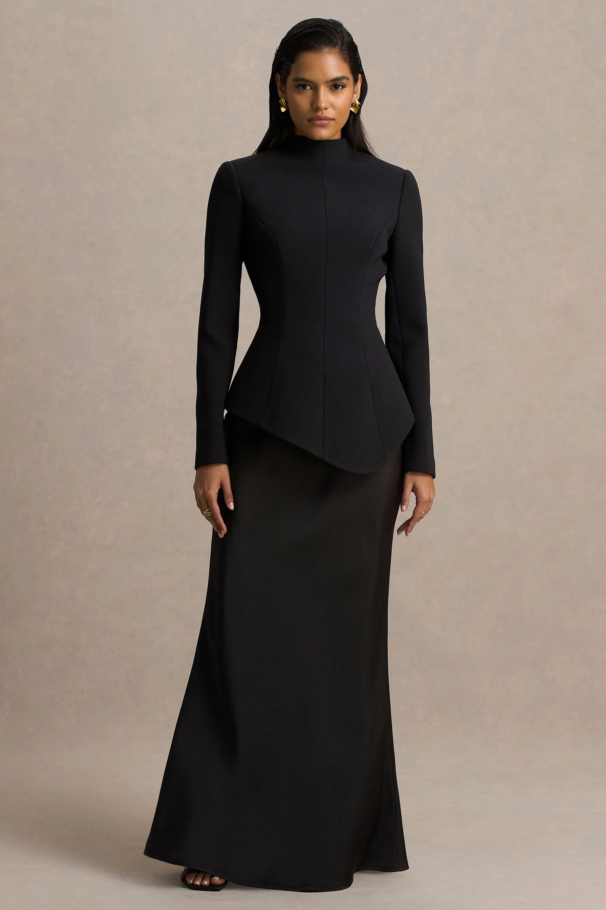 Pepita | Black High-Neck Tailored Maxi Dress With Drop-Waist And Satin Skirt - Image 4