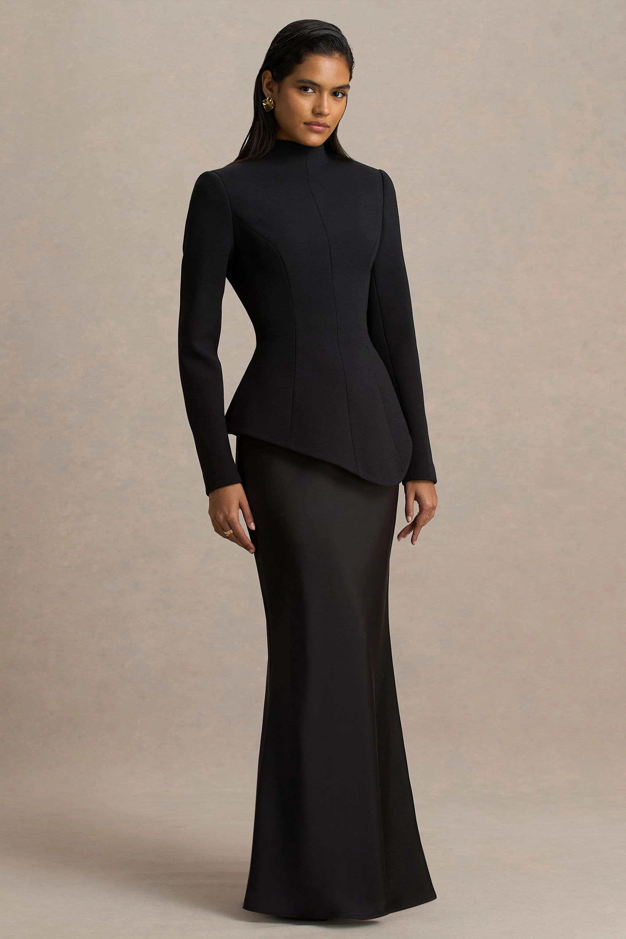 Pepita | Black High-Neck Tailored Maxi Dress With Drop-Waist And Satin Skirt - Image 5