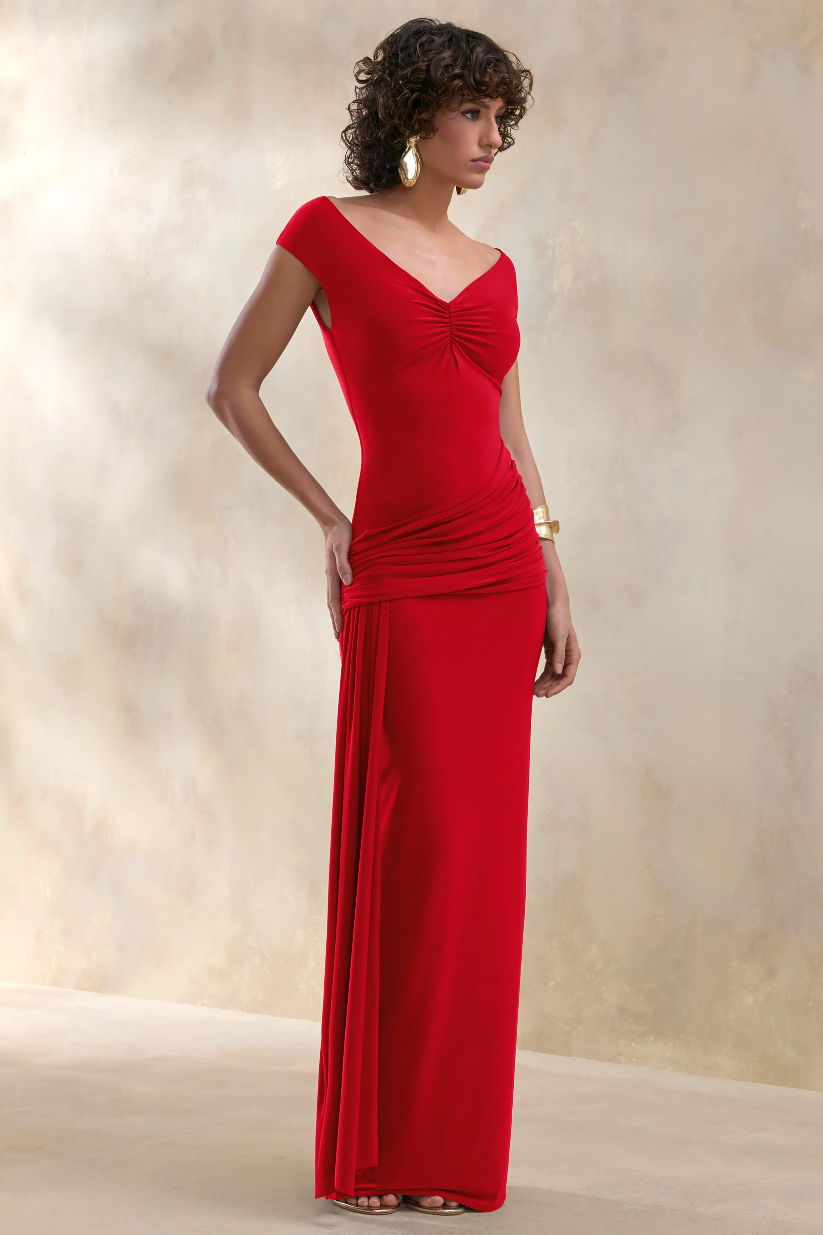 Petronia | Red V-Neck Maxi Dress With Wrap-Detail - Image 4