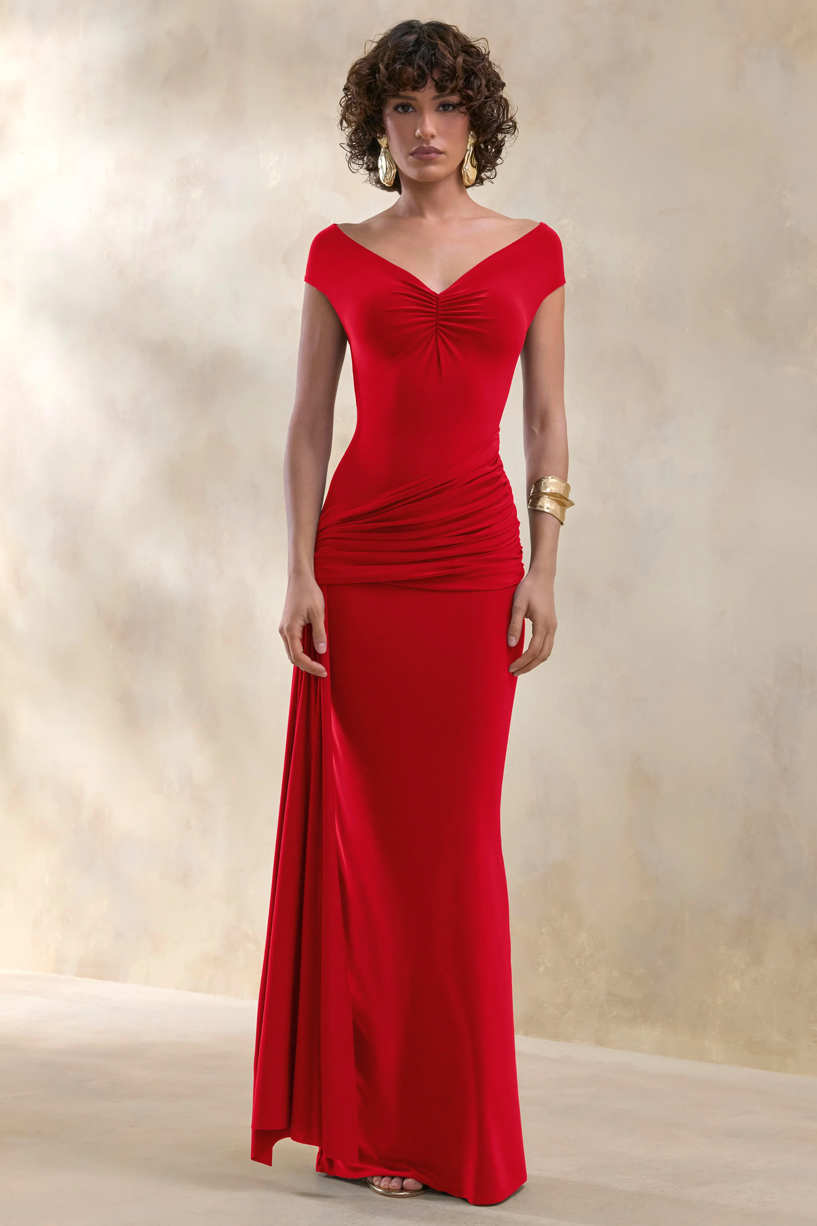 Petronia | Red V-Neck Maxi Dress With Wrap-Detail - Image 5