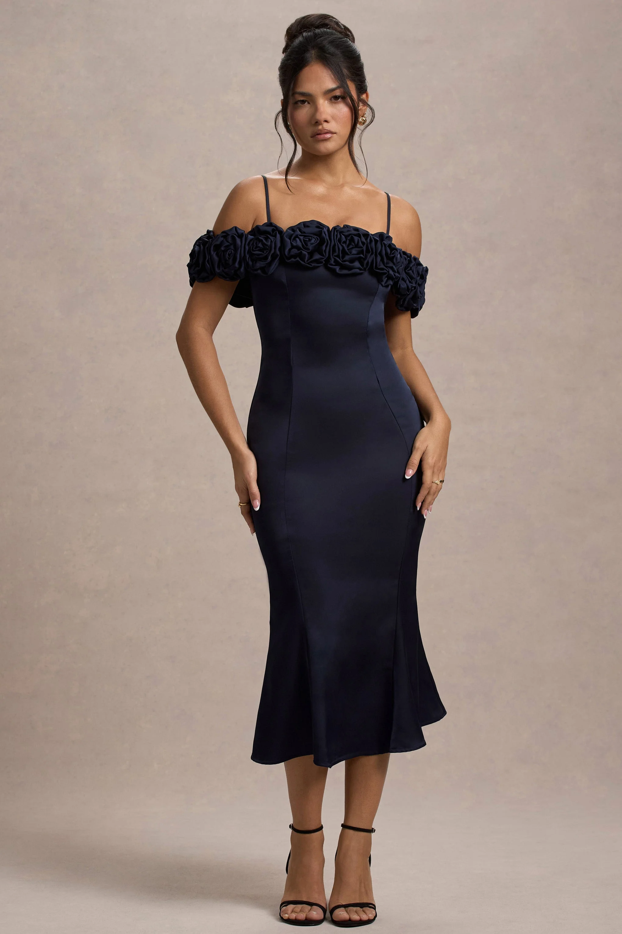 Petunia | Navy Satin Floral Bardot Midi Dress - Image 6