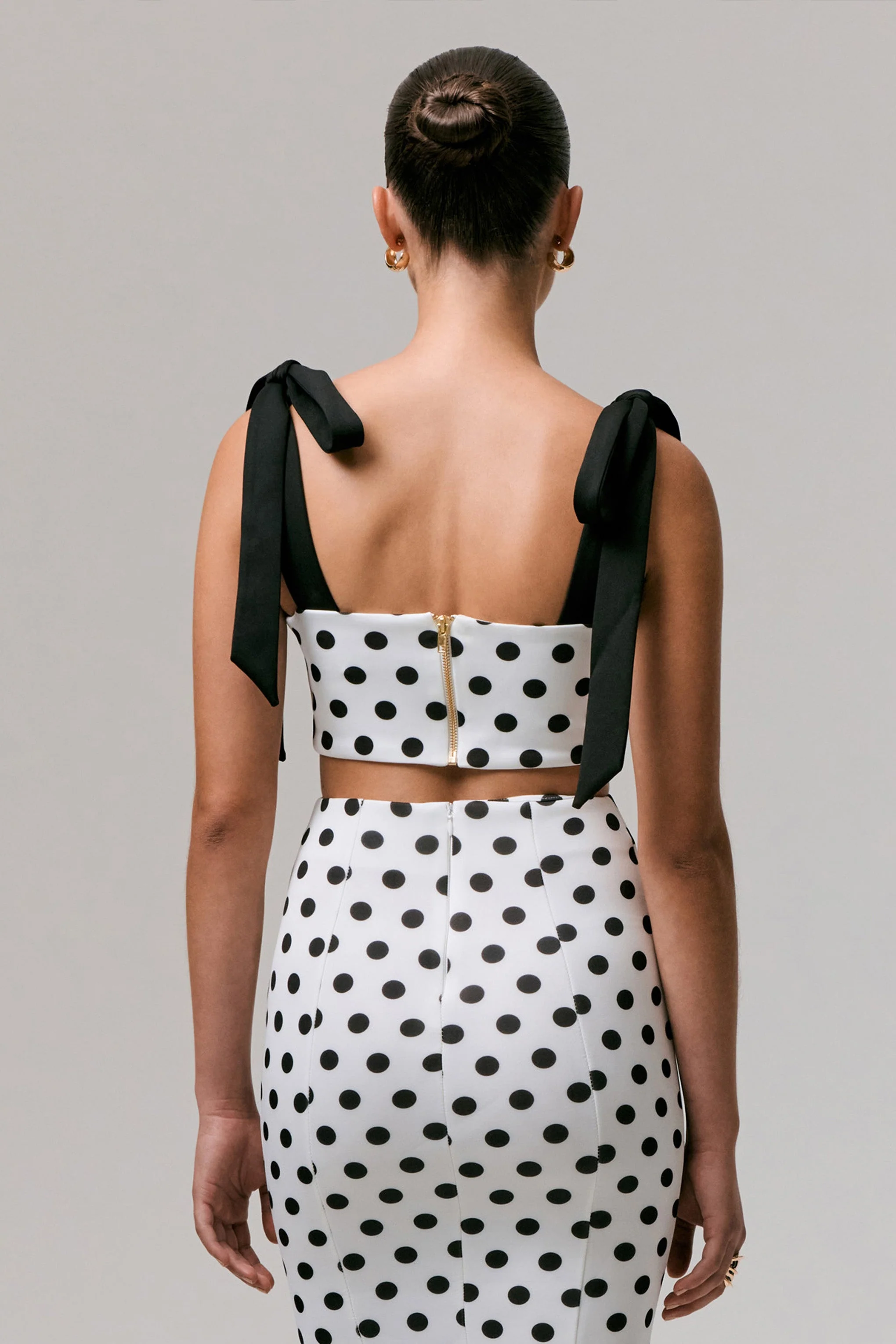 Phoebe | Black & White Polka Dot Crop Top With Tie Straps Tie - Image 2