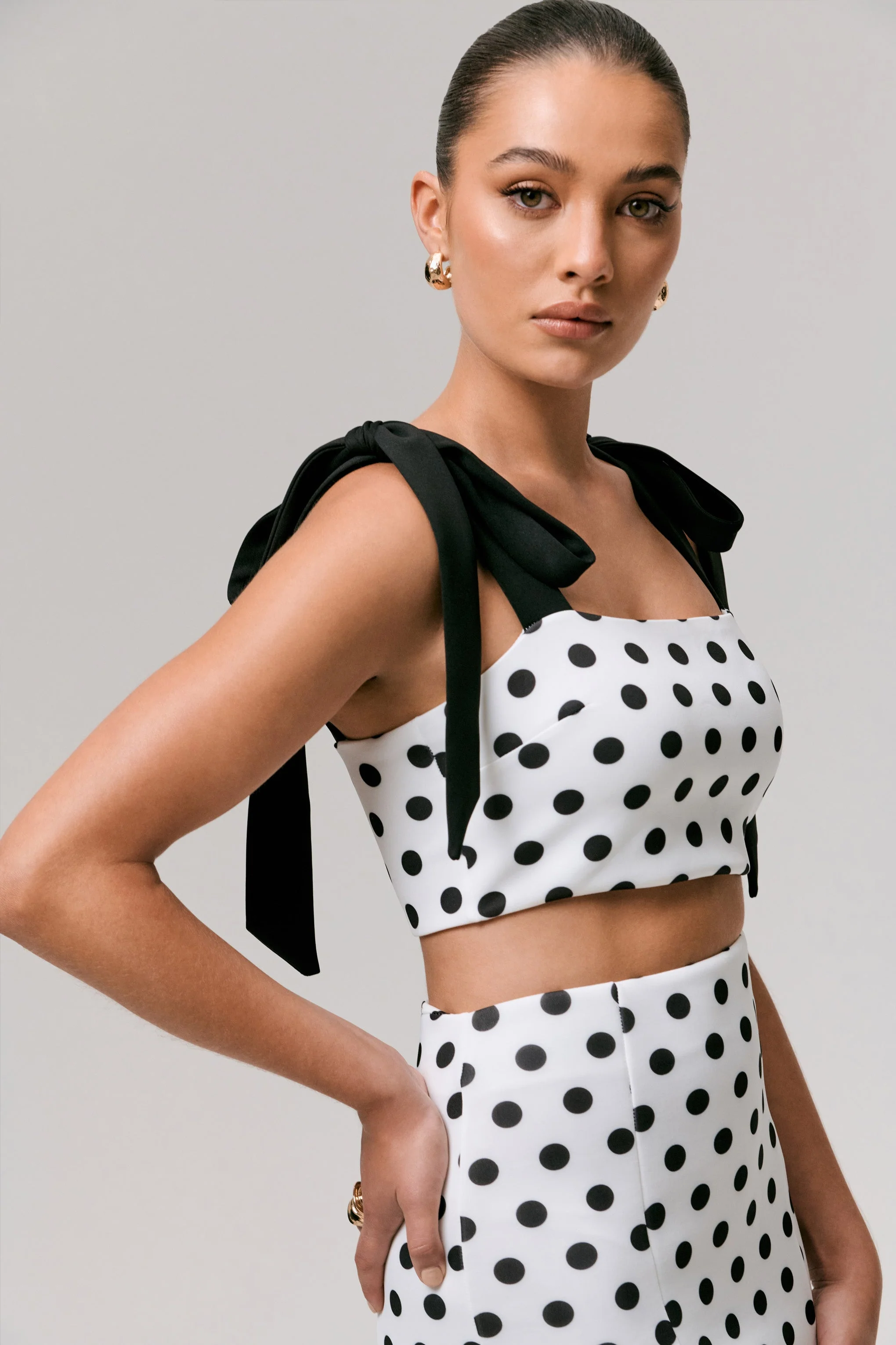 Phoebe | Black & White Polka Dot Crop Top With Tie Straps Tie - Image 3