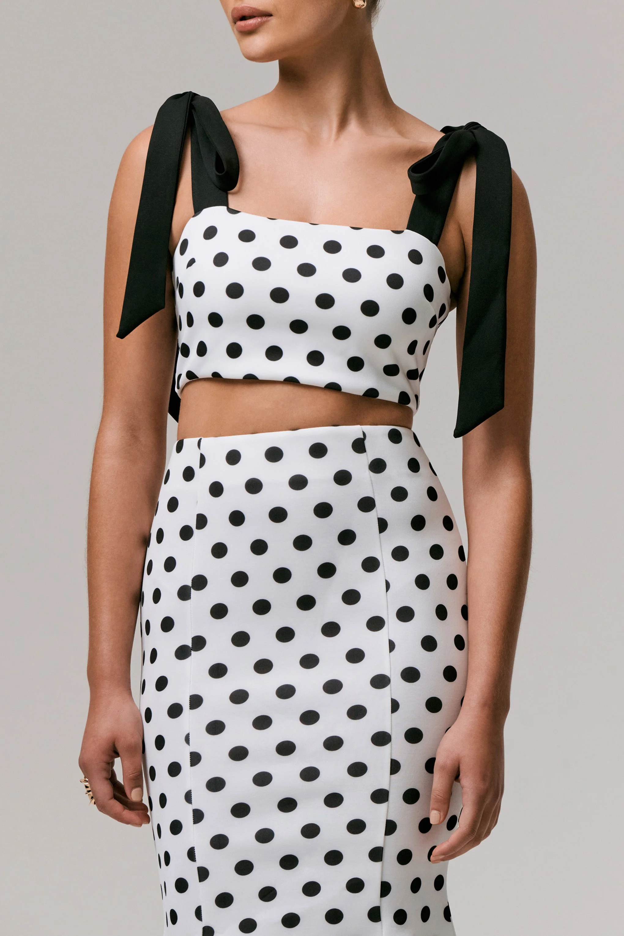 Phoebe | Black & White Polka Dot Crop Top With Tie Straps Tie - Image 5