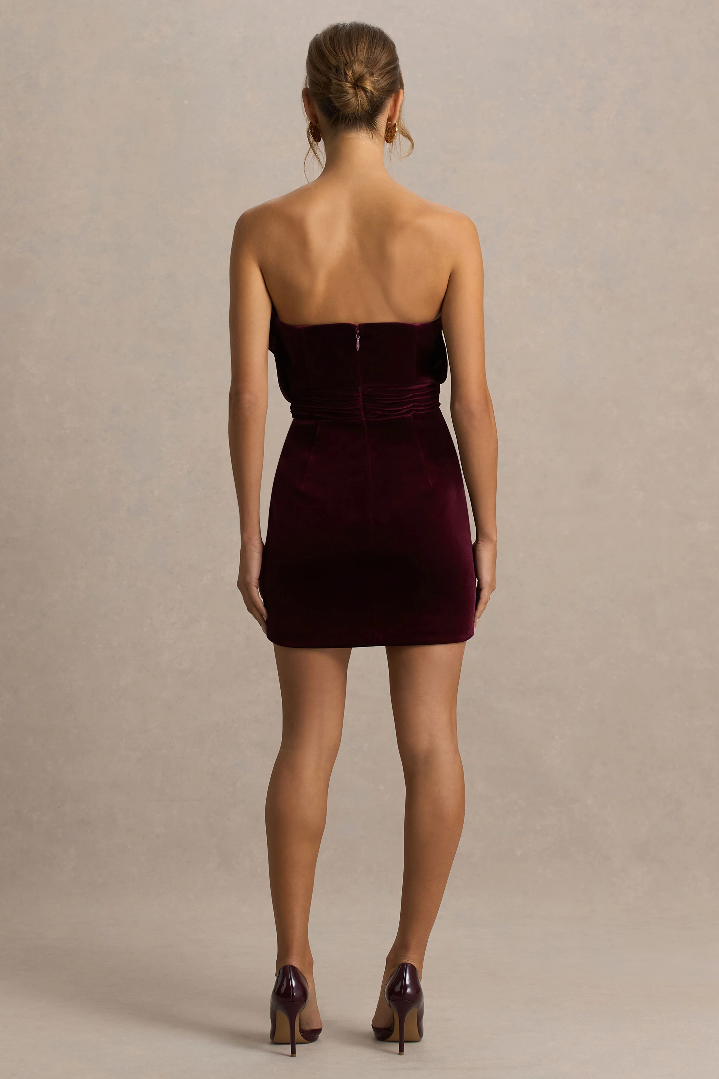 Polly | Burgundy Velvet Ruffled Strapless Mini Dress - Image 2