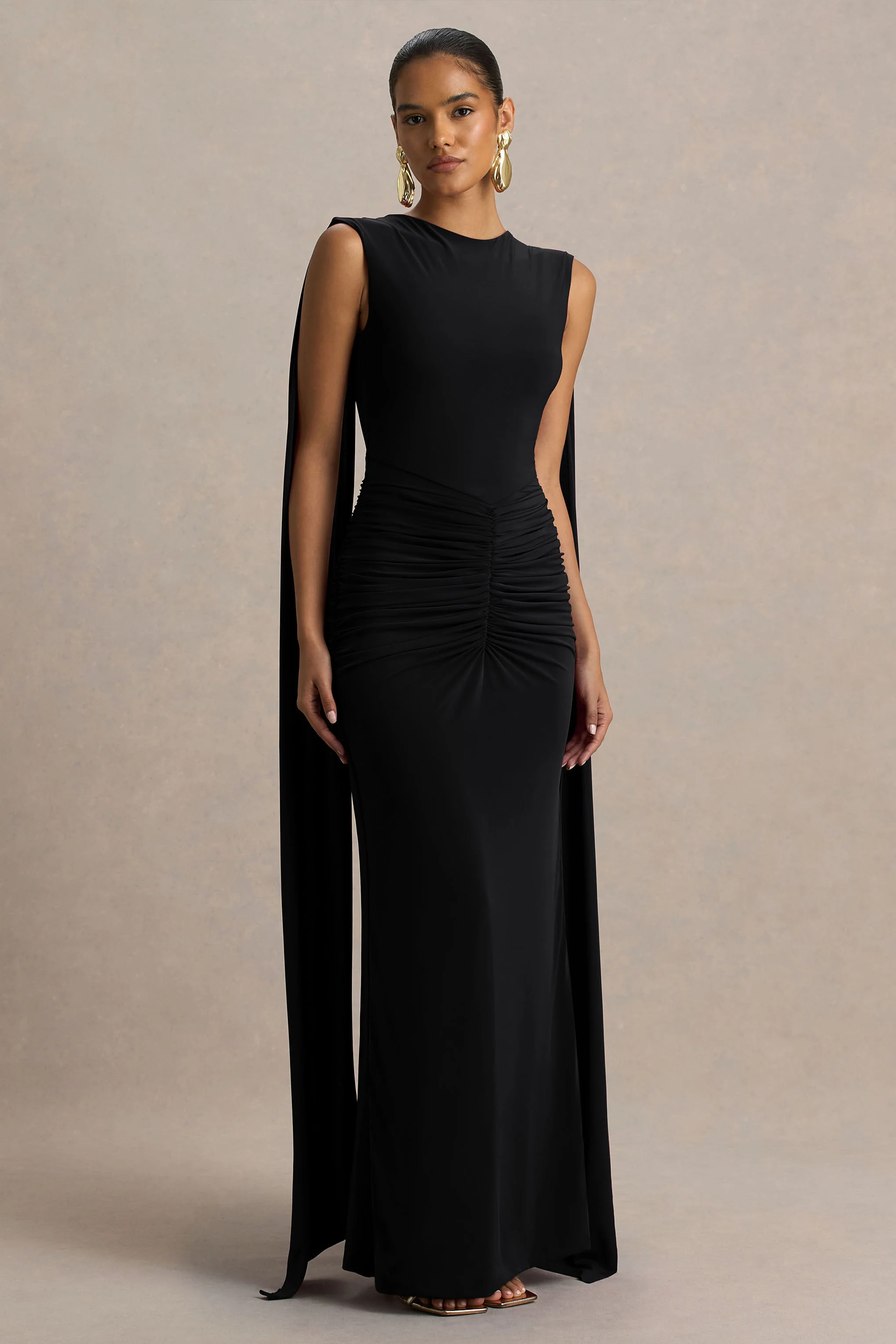 Premiere | Black Boat-Neck Maxi Dress With Open-Back And Cape-Sleeves - Image 5