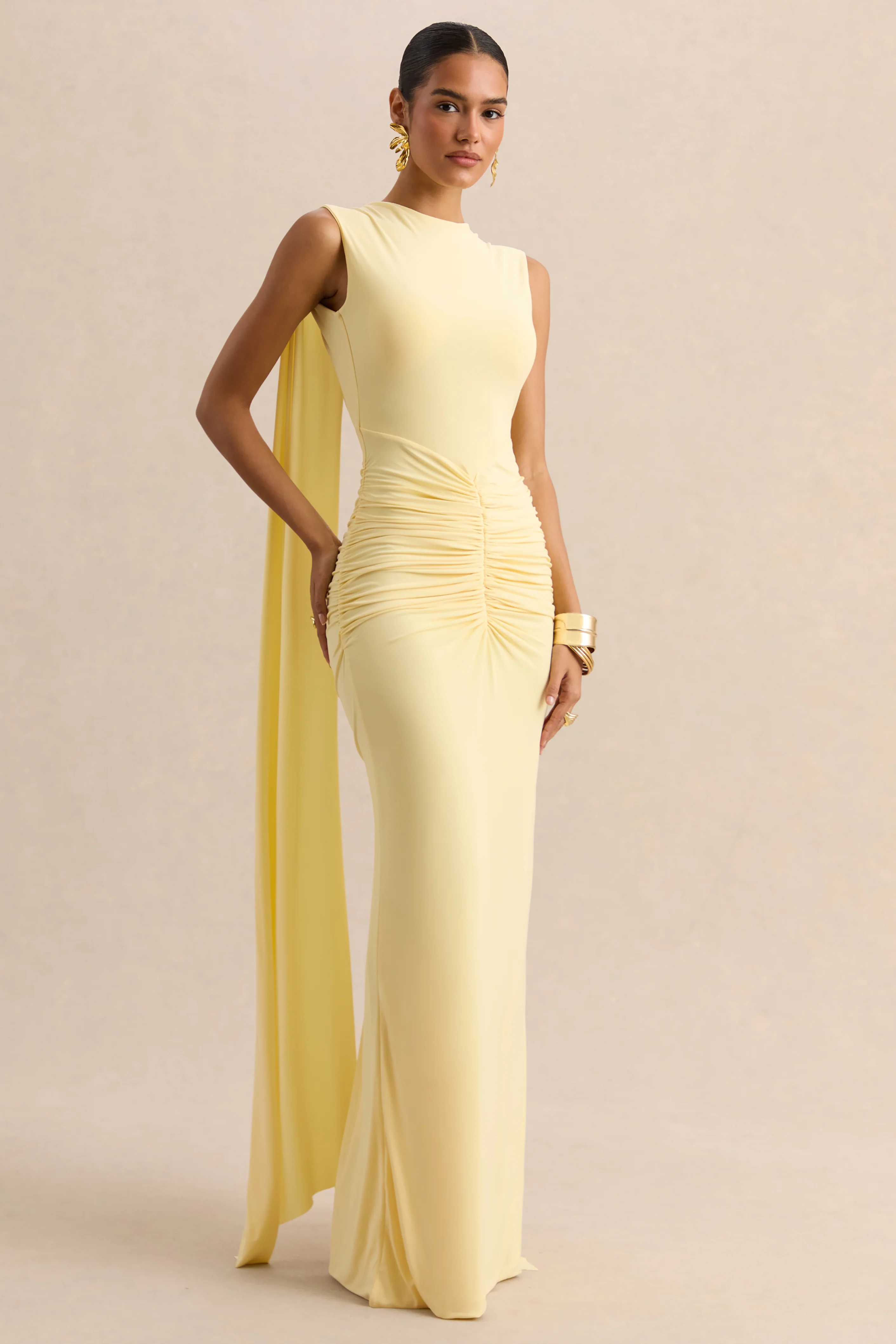 Premiere | Lemon Boat-Neck Maxi Dress With Cape-Sleeves And Open-Back - Image 5