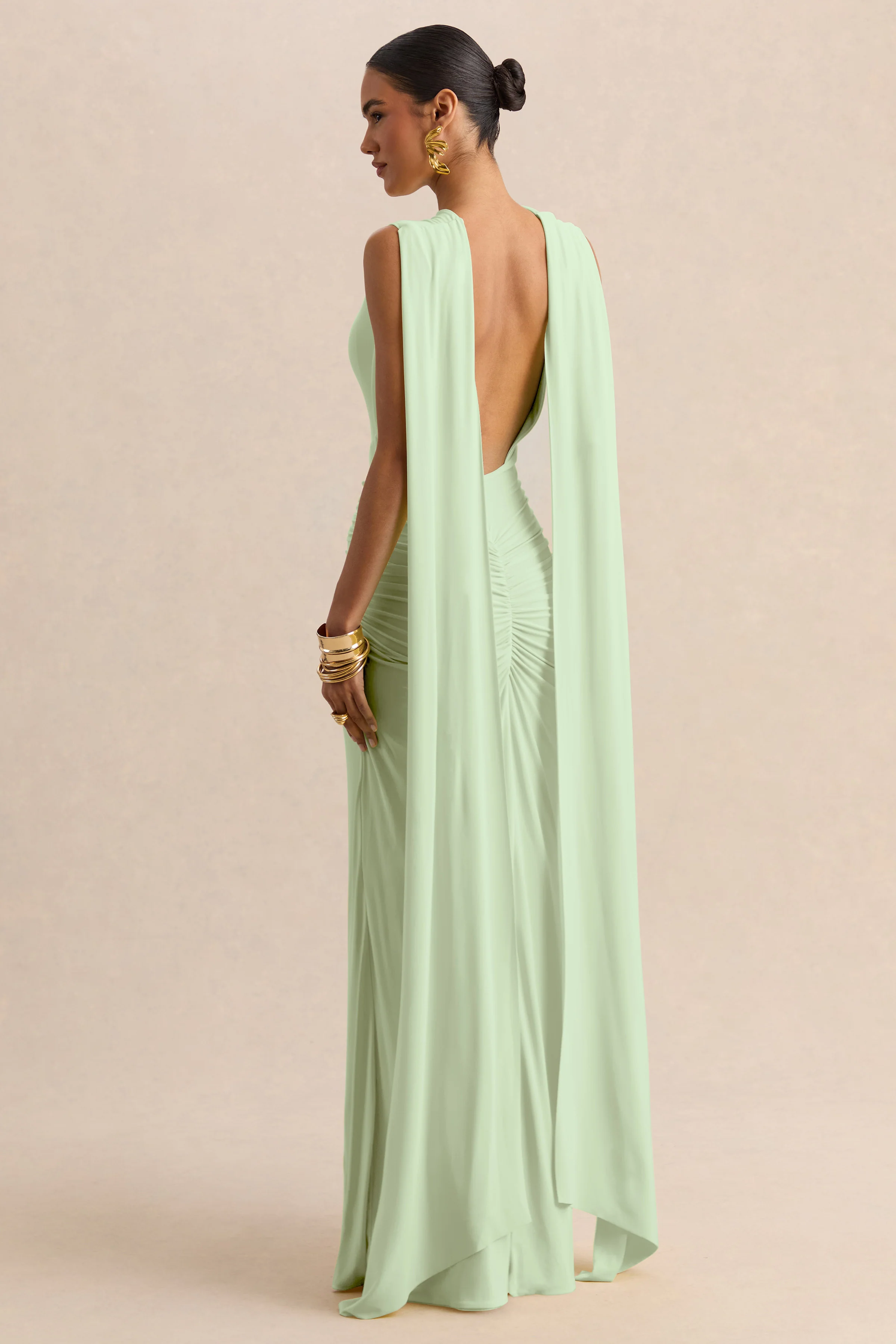 Premiere | Mint Boat-Neck Maxi Dress With Cape-Sleeves And Open-Back