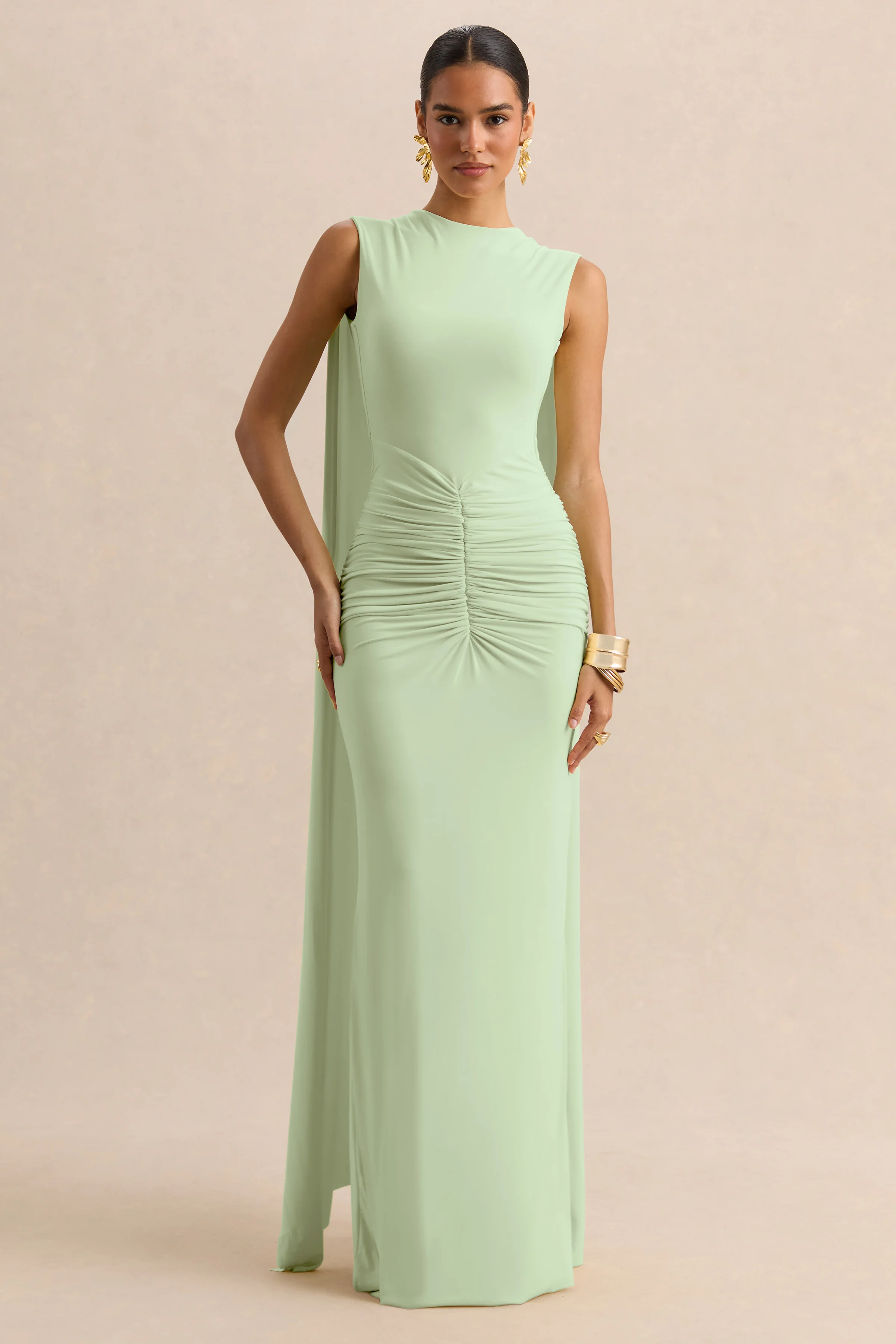 Premiere | Mint Boat-Neck Maxi Dress With Cape-Sleeves And Open-Back - Image 2