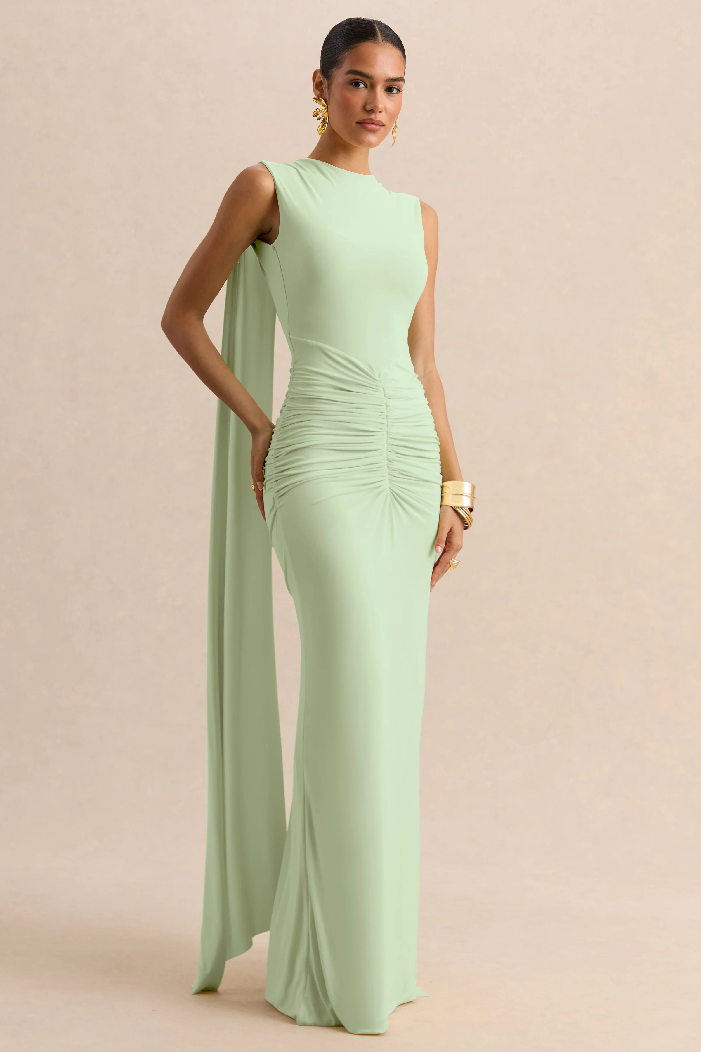 Premiere | Mint Boat-Neck Maxi Dress With Cape-Sleeves And Open-Back - Image 6