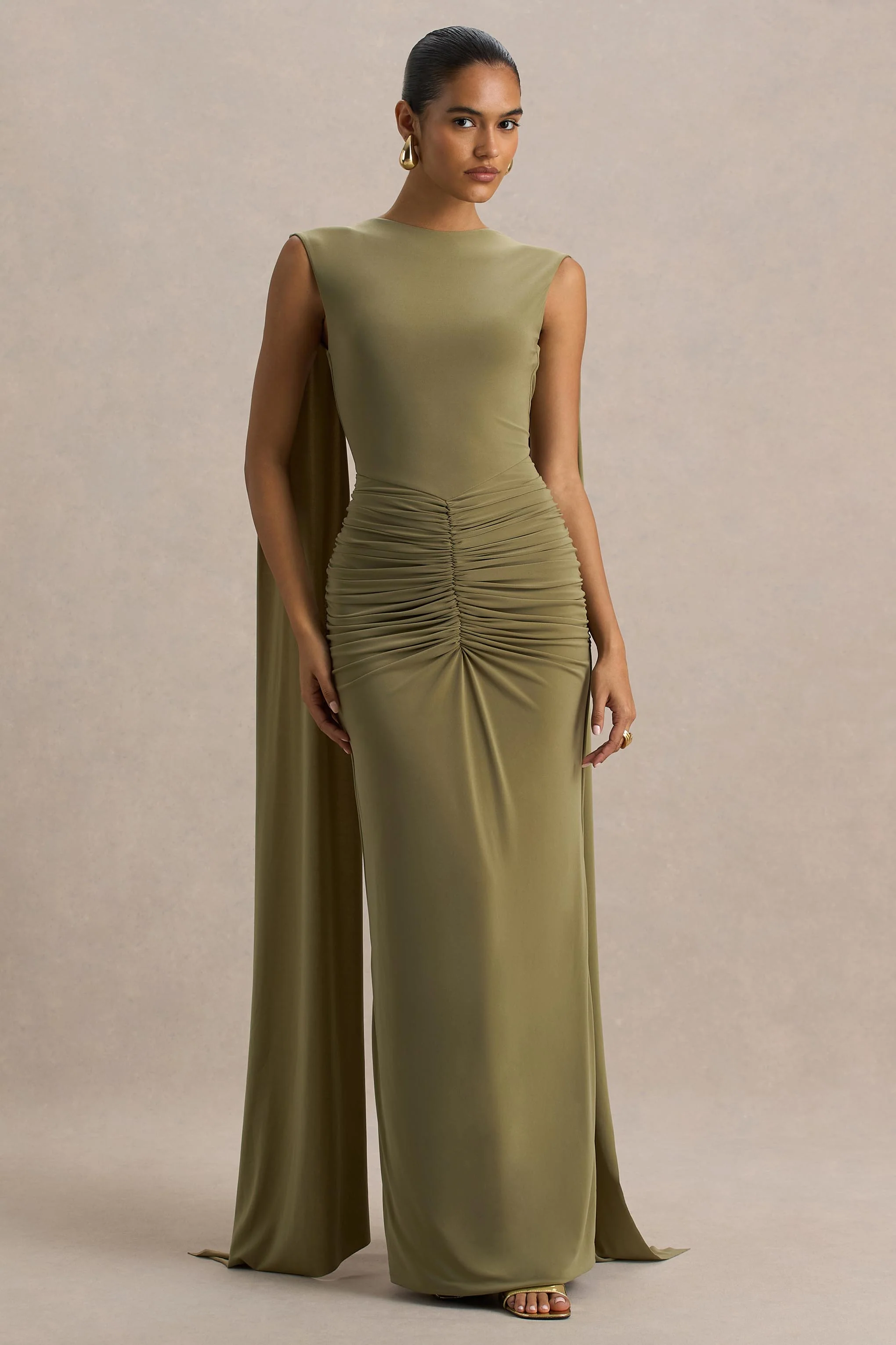 Premiere | Olive Boat-Neck Maxi Dress With Cape-Sleeves And Open-Back - Image 4