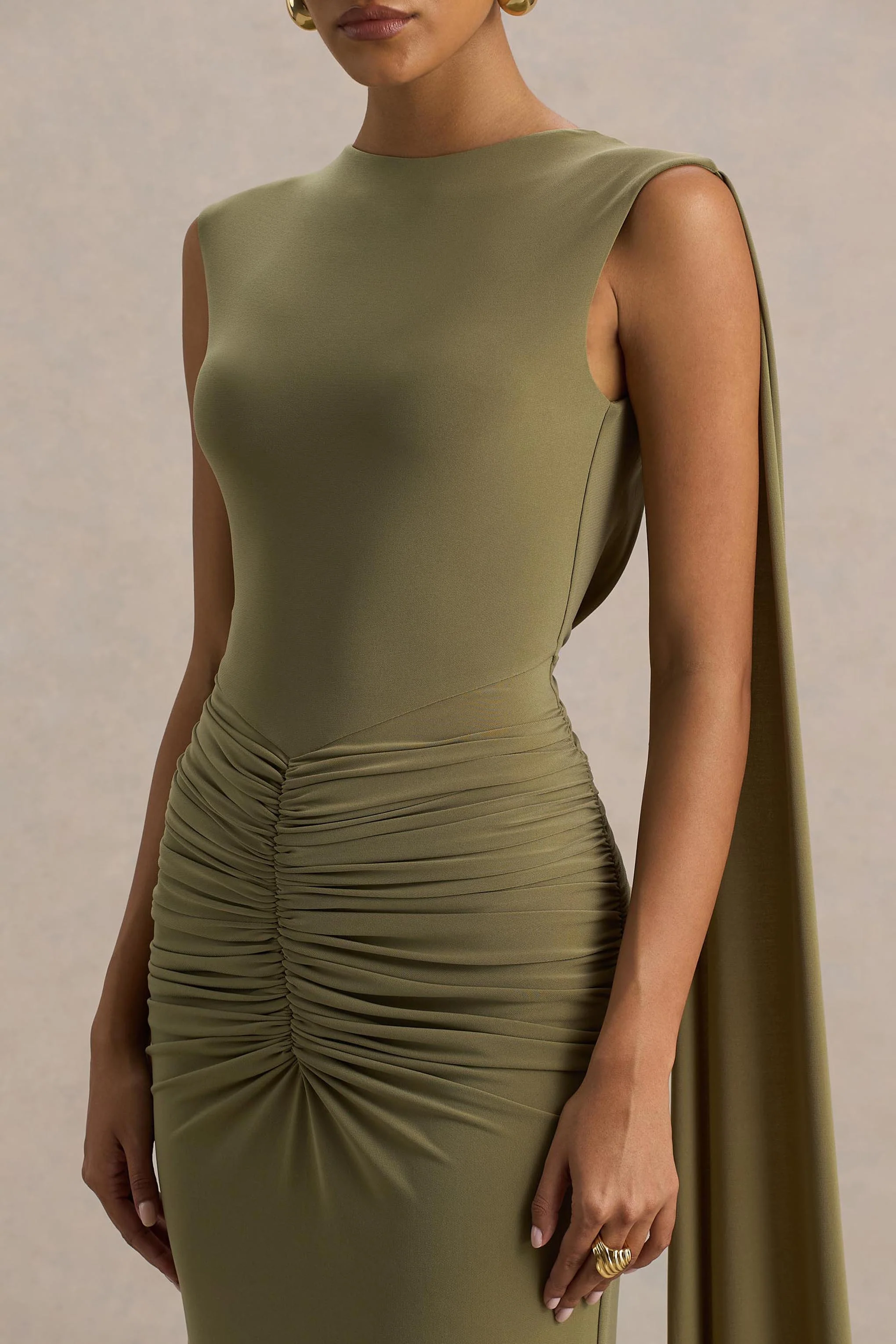 Premiere | Olive Boat-Neck Maxi Dress With Cape-Sleeves And Open-Back - Image 5