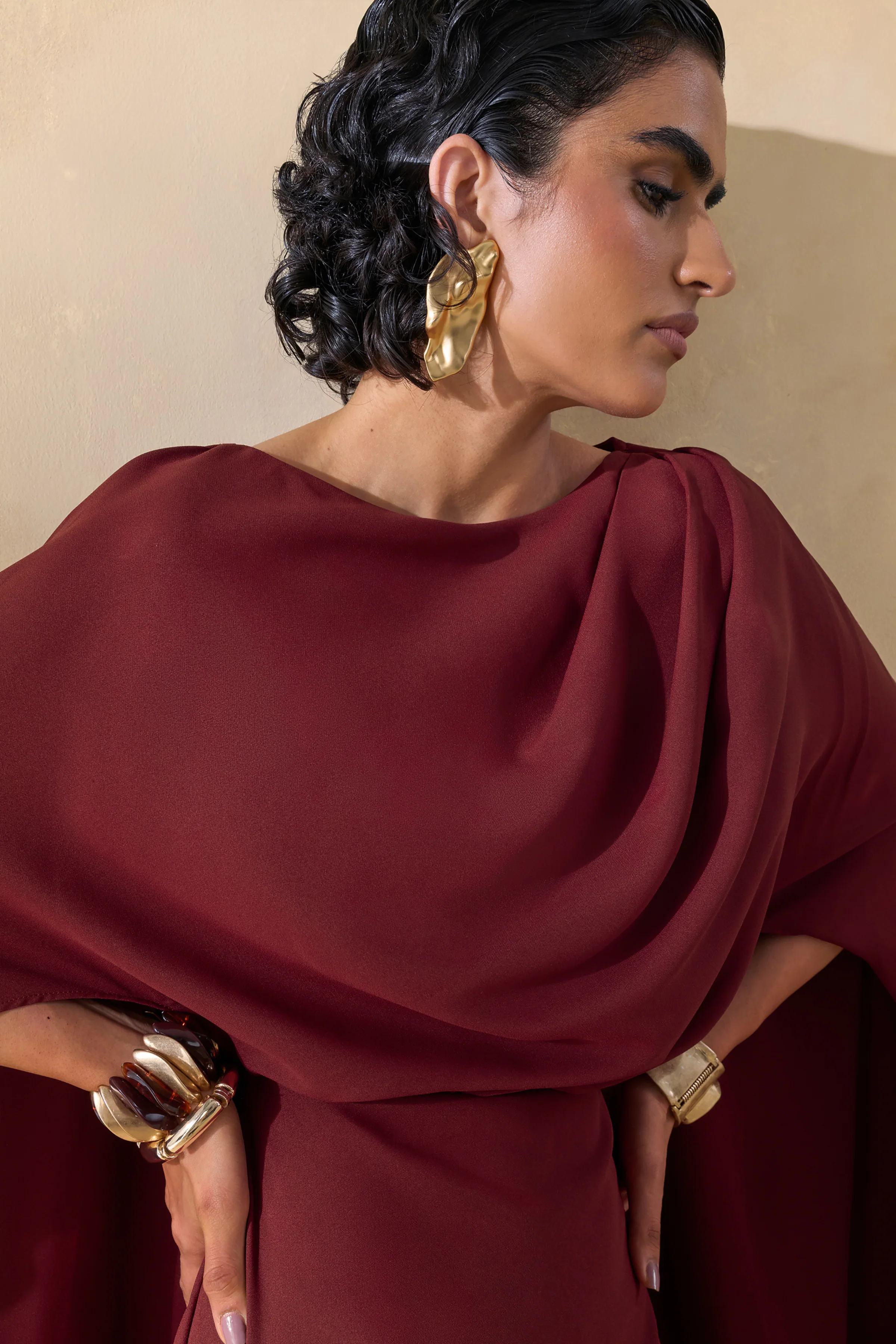 Pristina | Burgundy Boat-Neck Woven Maxi Dress With Cape Detail - Image 5