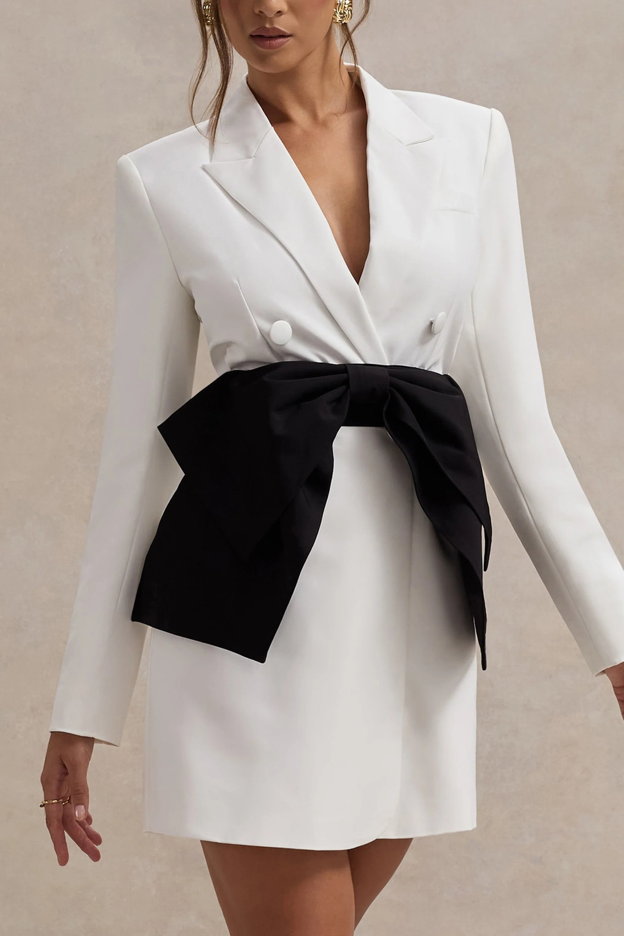 Prized | White Tailored Blazer Dress With Black Bow - Image 3
