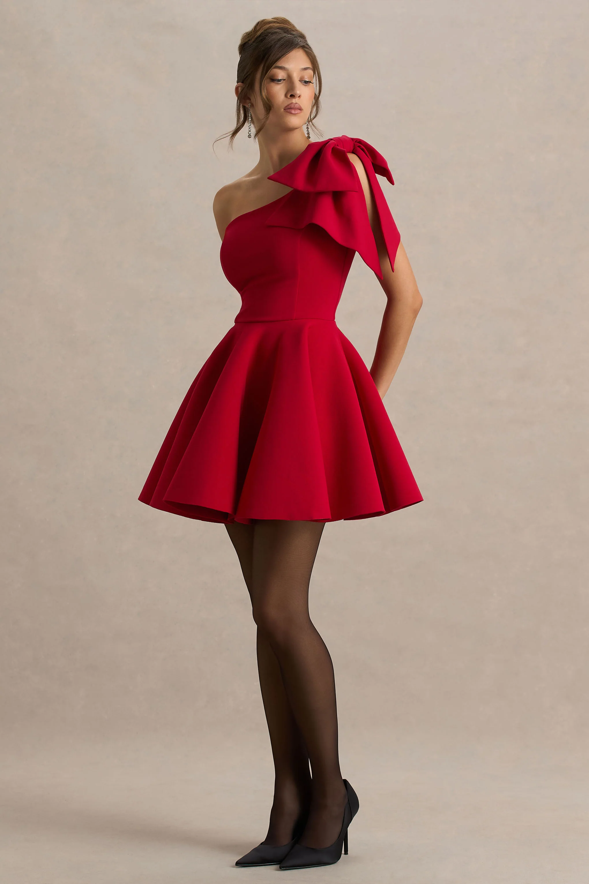 Prosperity | Red Asymmetric-Neck Mini Dress With Bow Detail - Image 5
