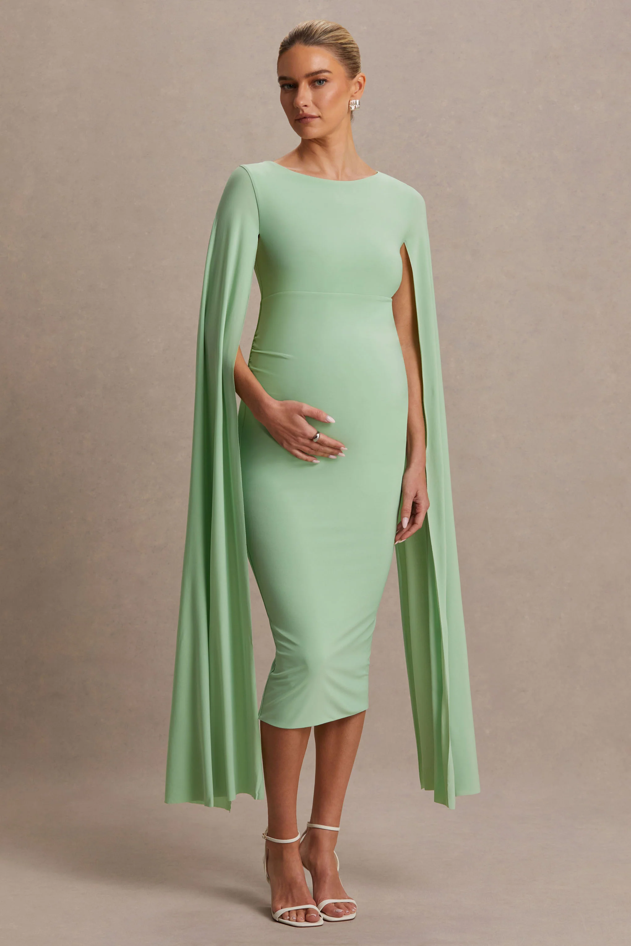 Providence | Light Green High-Neck Maternity Midi Dress With Cape Sleeves - Image 4