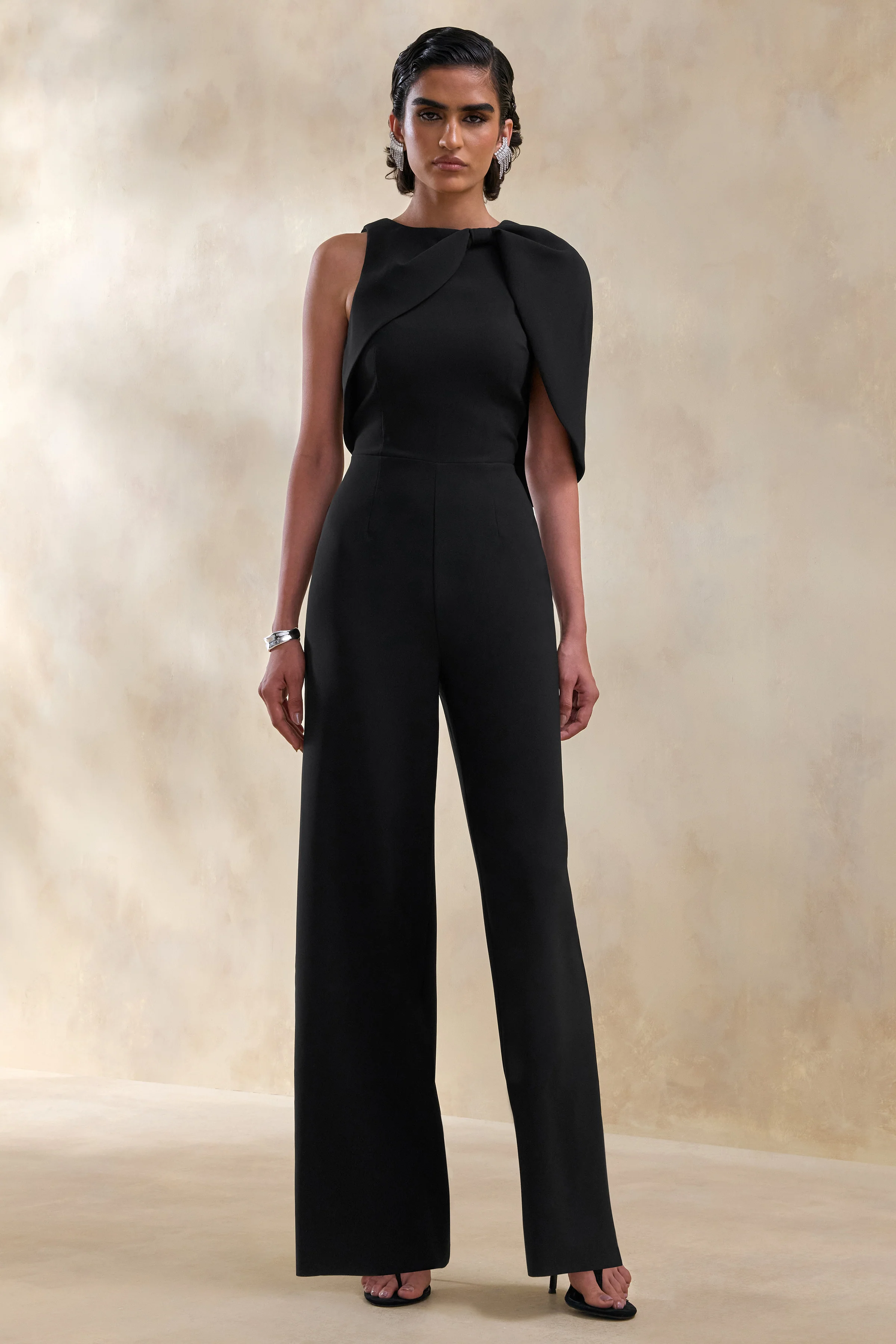 Quinley | Black Asymmetric-Neck Jumpsuit With Cape-Sleeve - Image 6