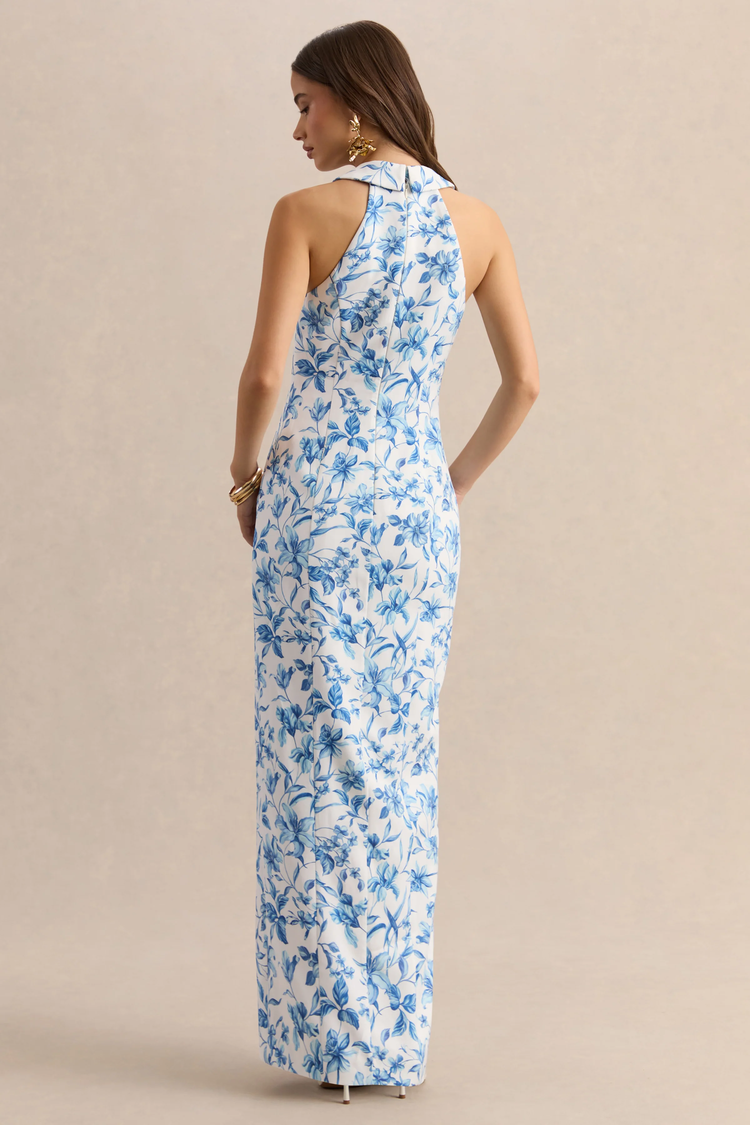 Quinn | Blue Porcelain Print Plunge-Neck Tailored Maxi Dress - Image 2