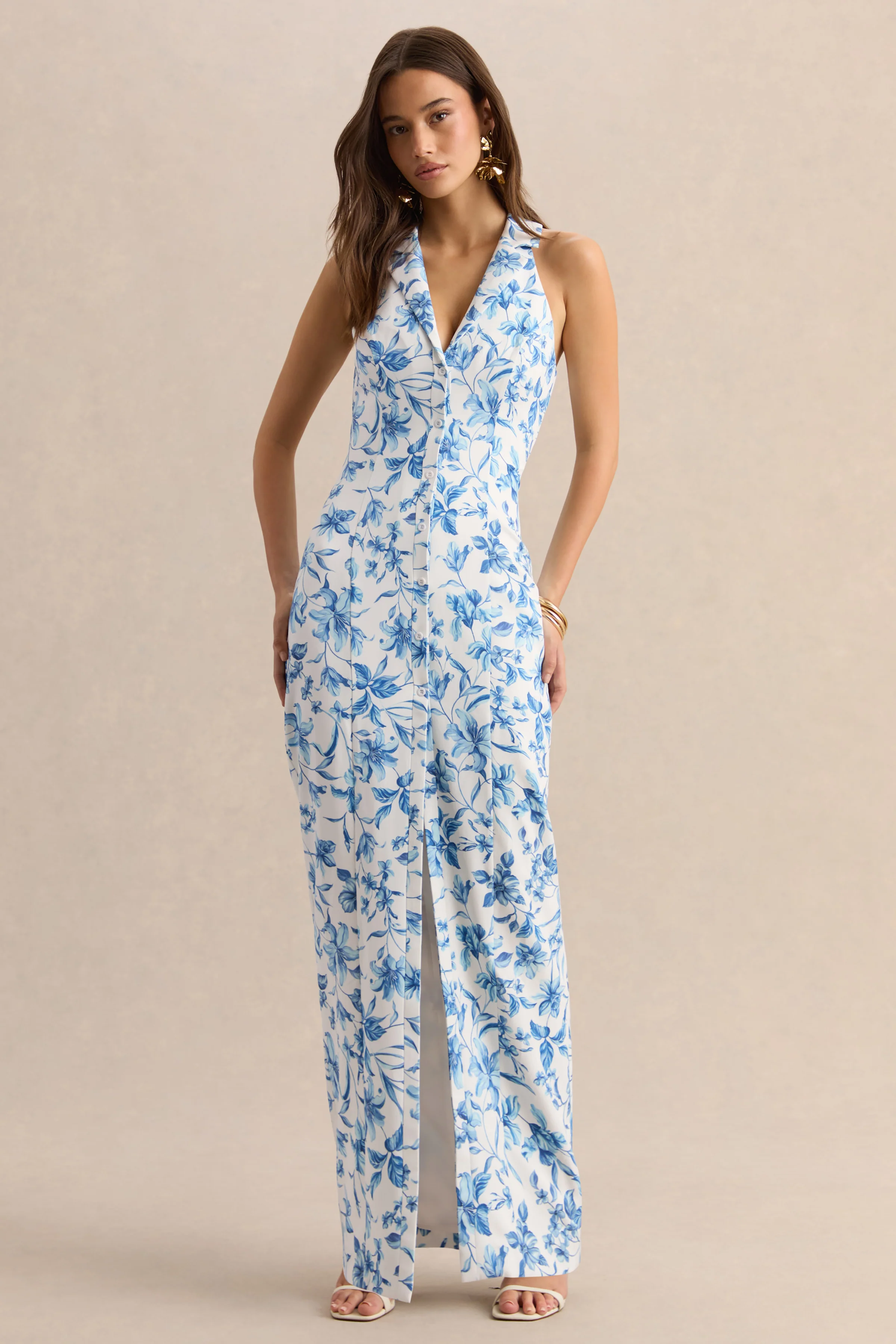 Quinn | Blue Porcelain Print Plunge-Neck Tailored Maxi Dress - Image 4