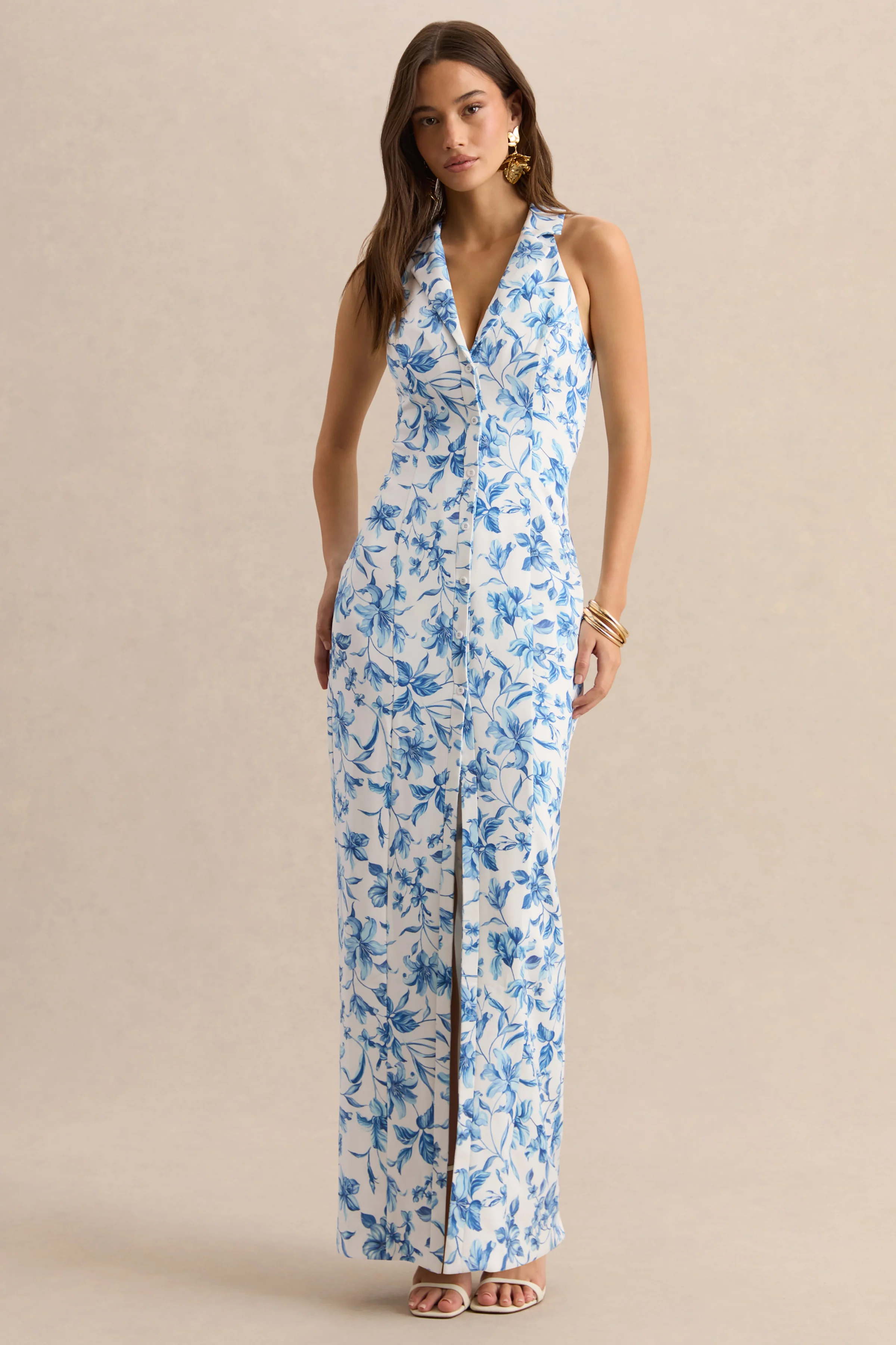 Quinn | Blue Porcelain Print Plunge-Neck Tailored Maxi Dress - Image 5