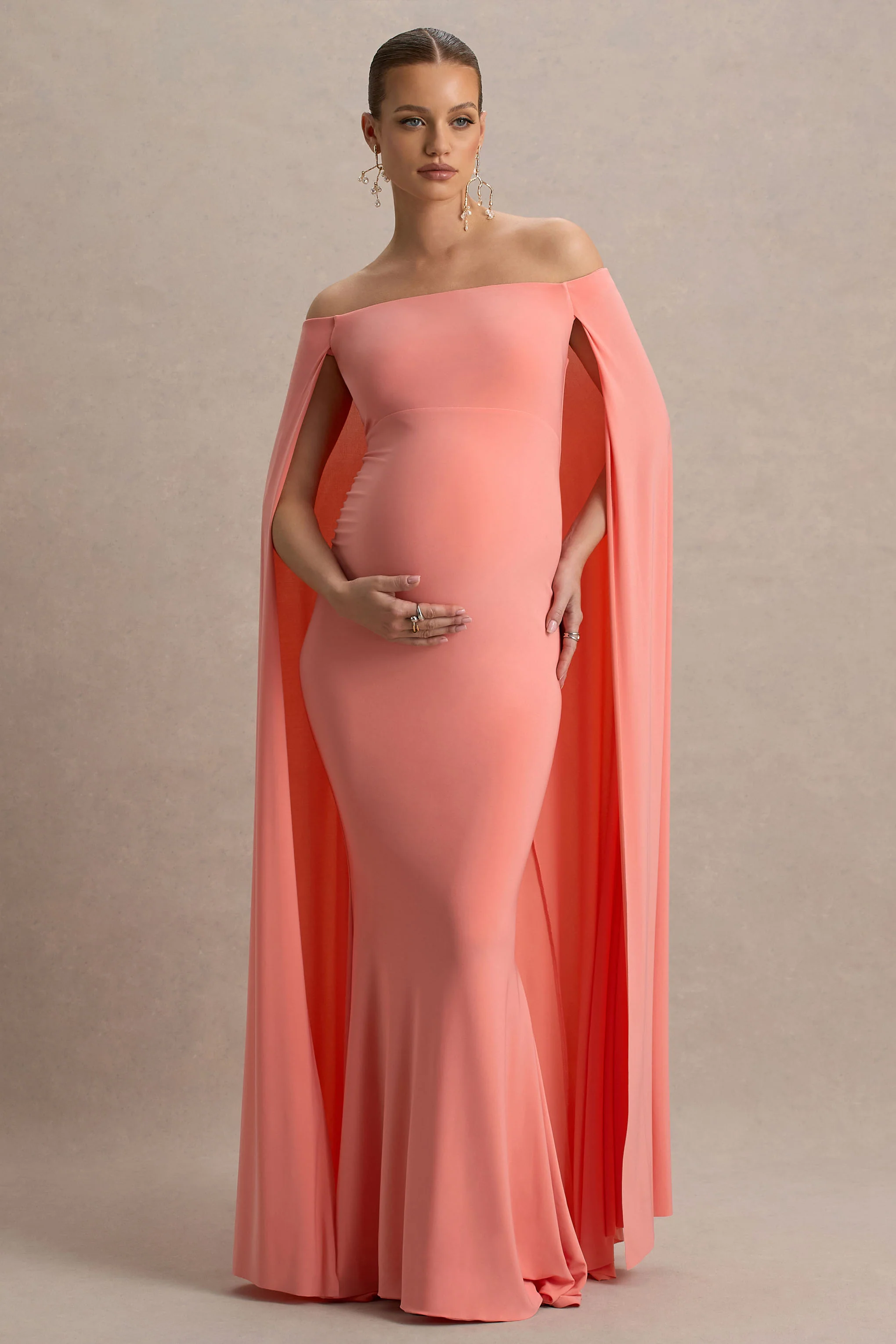 Radiance | Coral Bardot Maternity Maxi Dress With Cape - Image 5