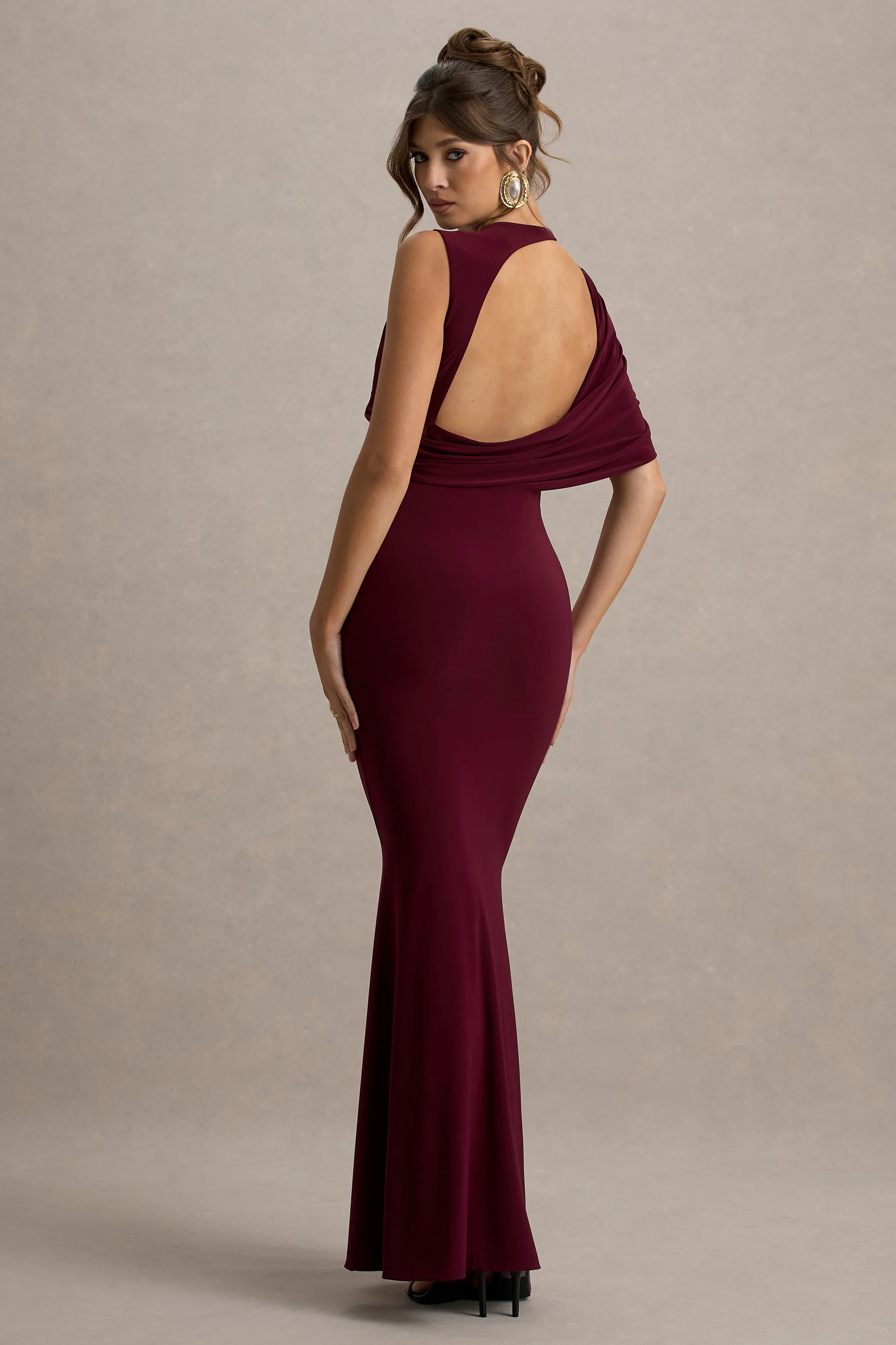Rae | Burgundy Maxi Dress With One-Sleeve Cape - Image 2