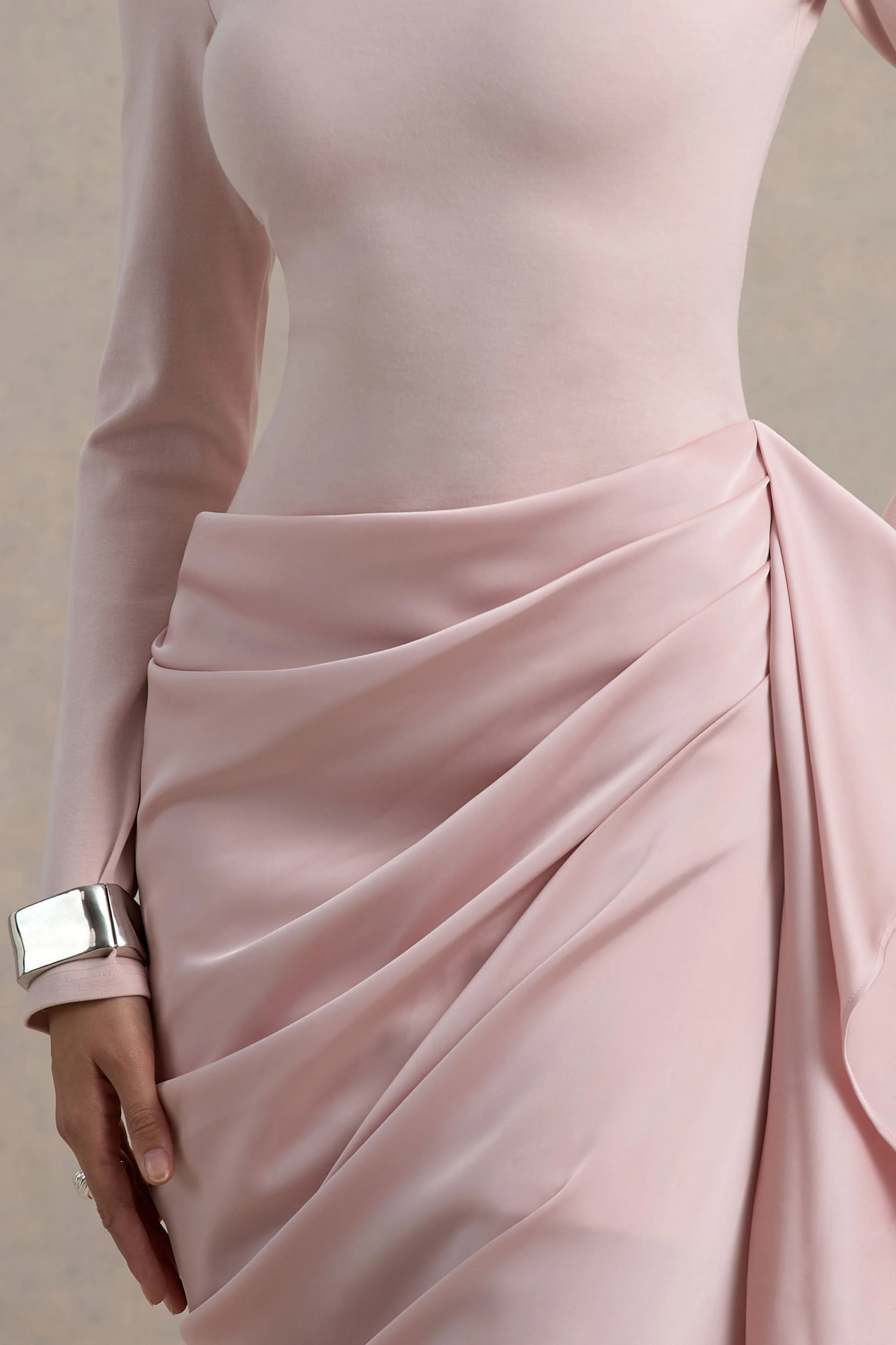 Raffie | Pink Long-Sleeve Midi Dress With Satin Wrap Skirt - Image 6
