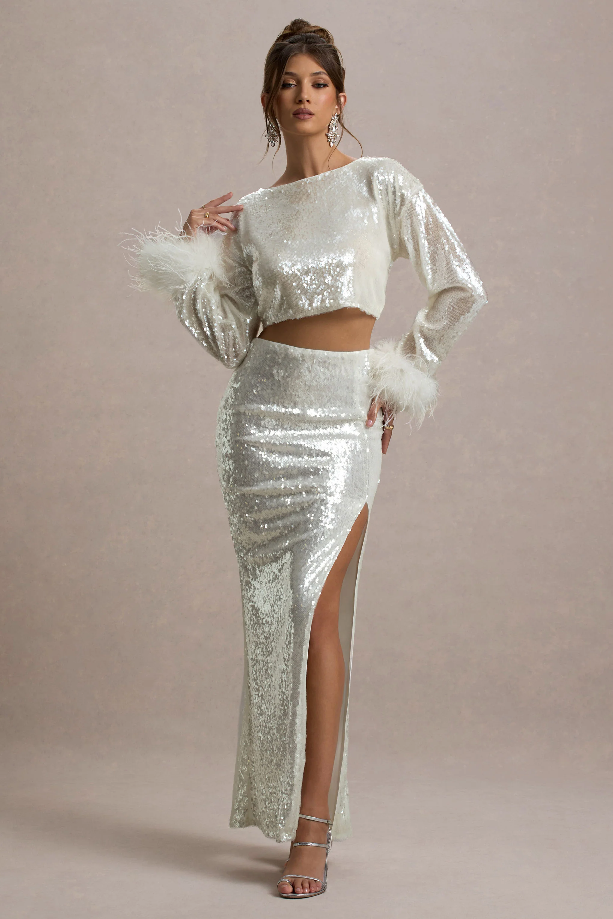 Raia | Sand Sequin Split Maxi Skirt - Image 9
