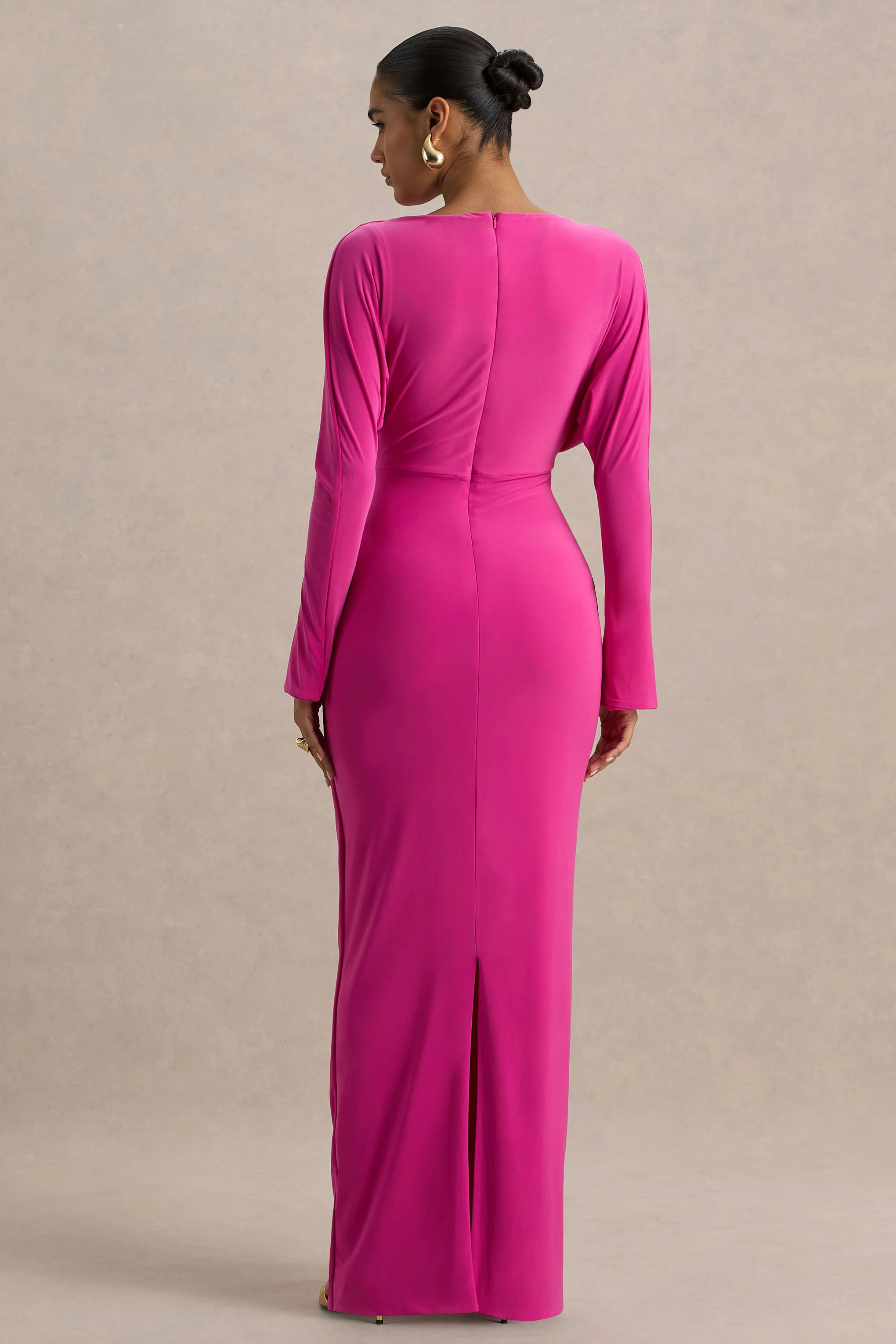 Regina | Hot Pink High-Neck Draped Wrap Maxi Dress - Image 2