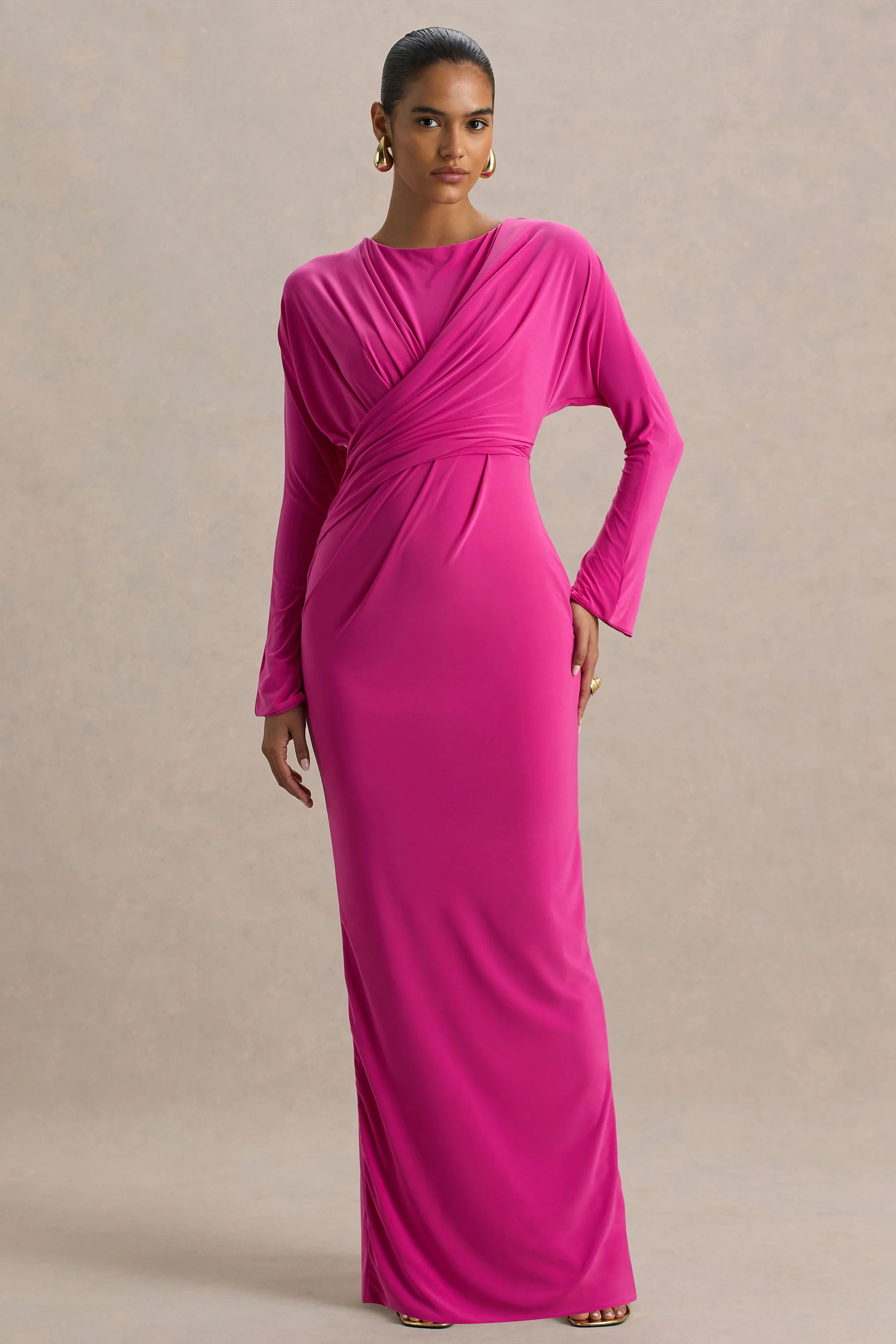 Regina | Hot Pink High-Neck Draped Wrap Maxi Dress - Image 3